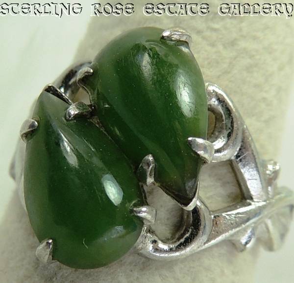 Vintage Double Teardrop Jadeite Sterling Silver .925 Cocktail band RING size 4.5