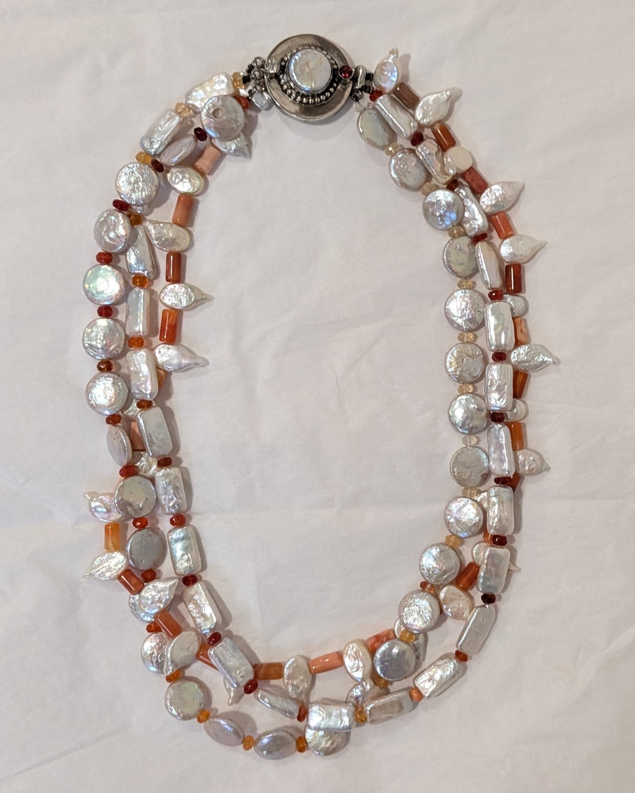 Estate 3 Strand Baroque Pearl Coral Carnelian Necklace w/925 Silver Clasp 20 in.