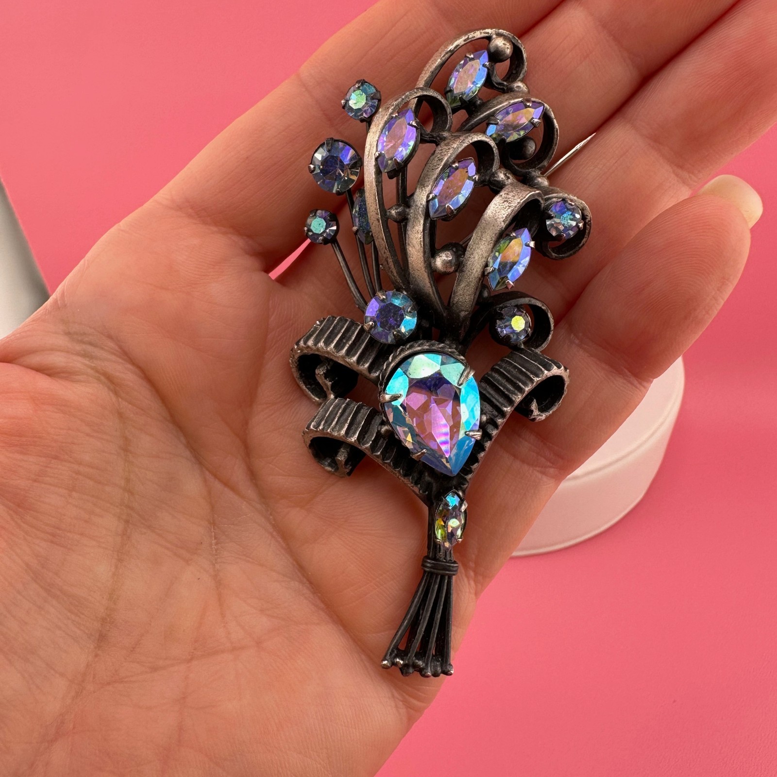 Vintage Rhinestone Brooch Aqua Blue Aurora Borealis Floral Bouquet Pot Metal?