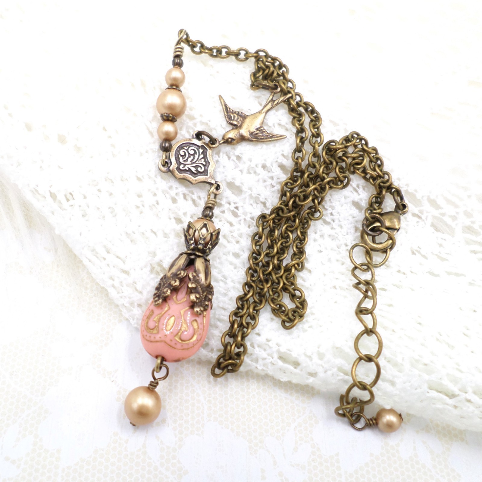 Victorian Style Brass Bird Necklace Pink Acrylic Bead Gold Pearl Handmade Unique