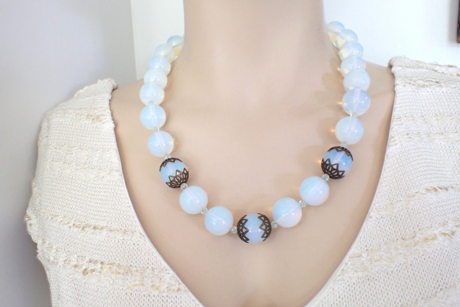 Vintage Light Blue Opaline Glass Bead Necklace Earrings Set Bohemian Deco Style