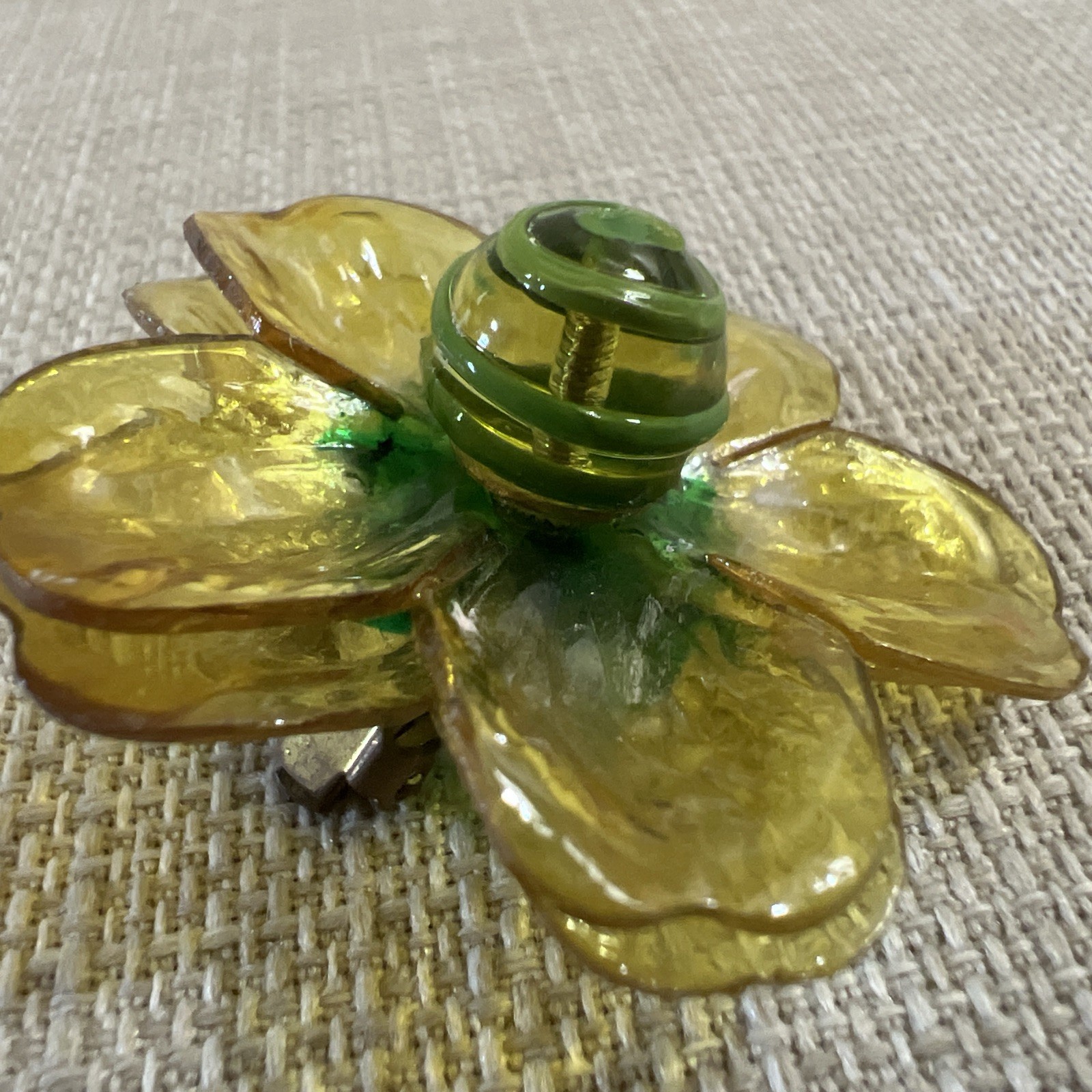 Vintage Cellulose Acetate Yellow Double Layer Petal Floral Clip On Earrings