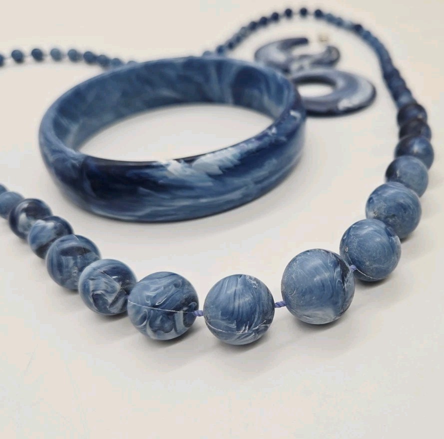 Denim Blue Marbled Jewelry Set Vintage Couture 3pc Necklace Bracelet Earrings