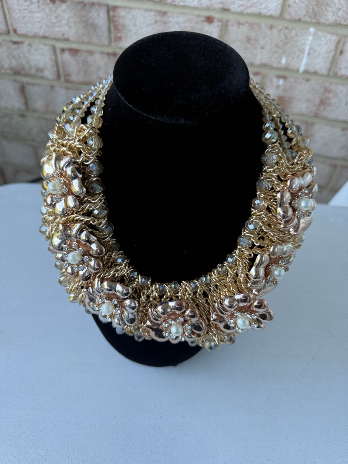 Vintage Gold Tone Statement Bib Necklace Crystal Bead Pearl Flower Chain 18”