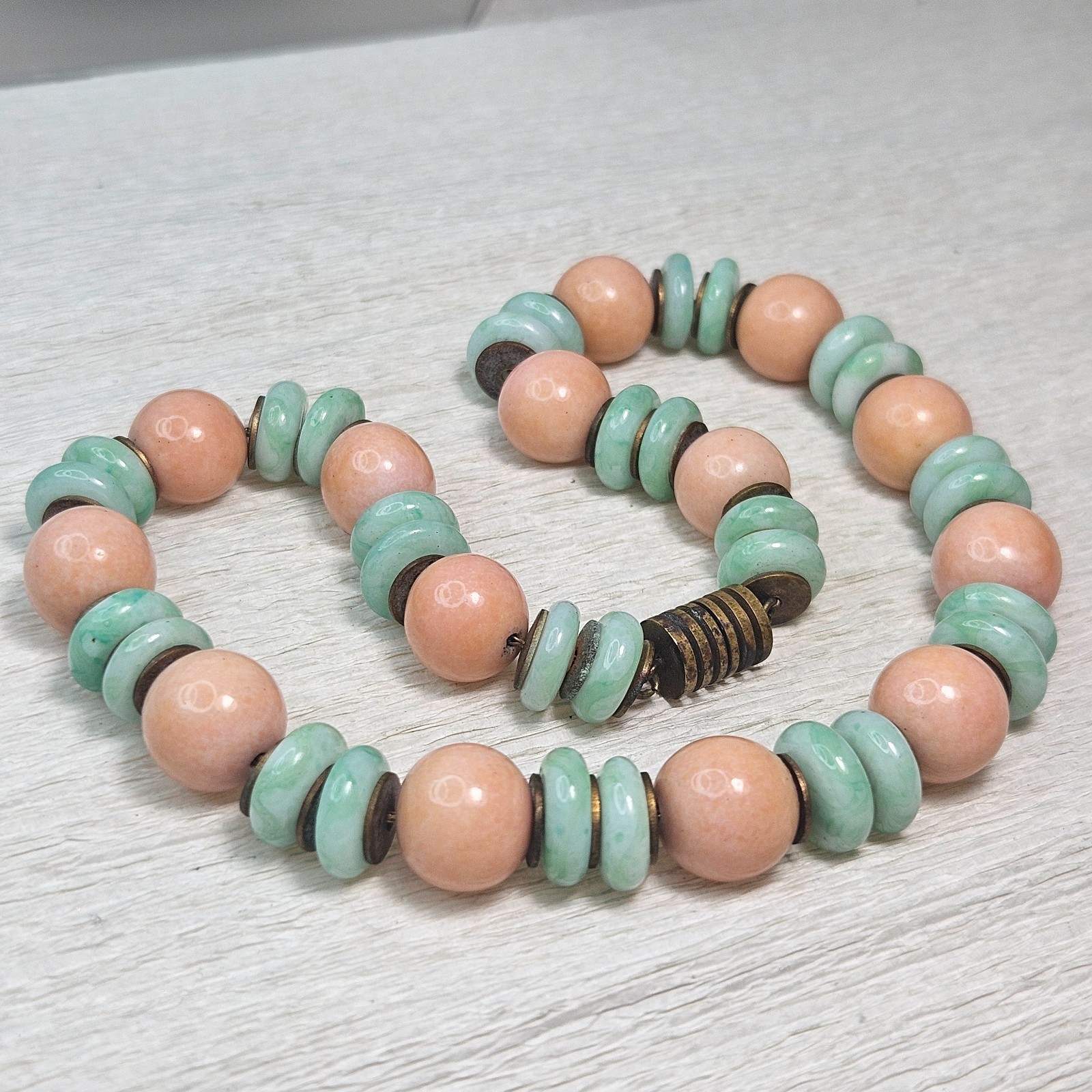 Confirmed ROUSSELET Peach & UV Marbled Green w Brass Discs Glass Bead Necklace