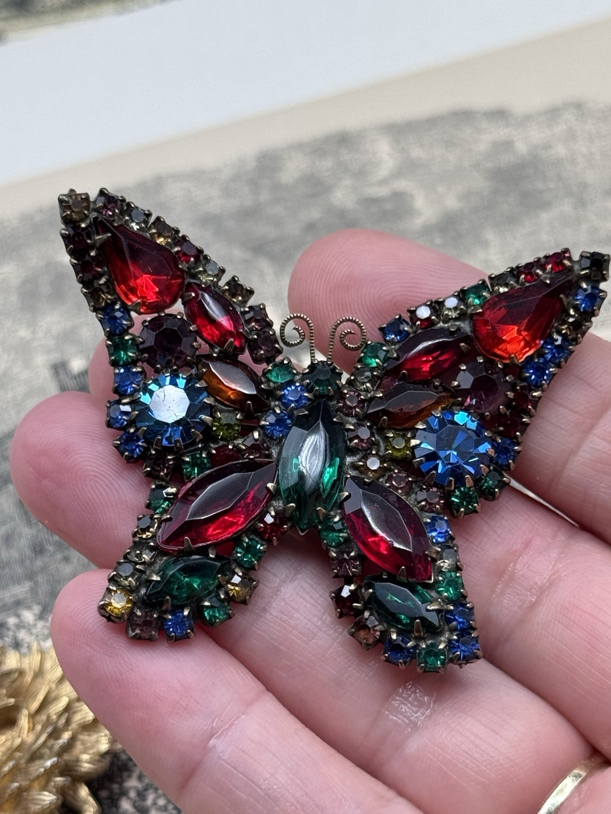 Weiss Butterfly Brooch Multicolor Rhinestone Figural Pin Signed 2.5” VINTAGE