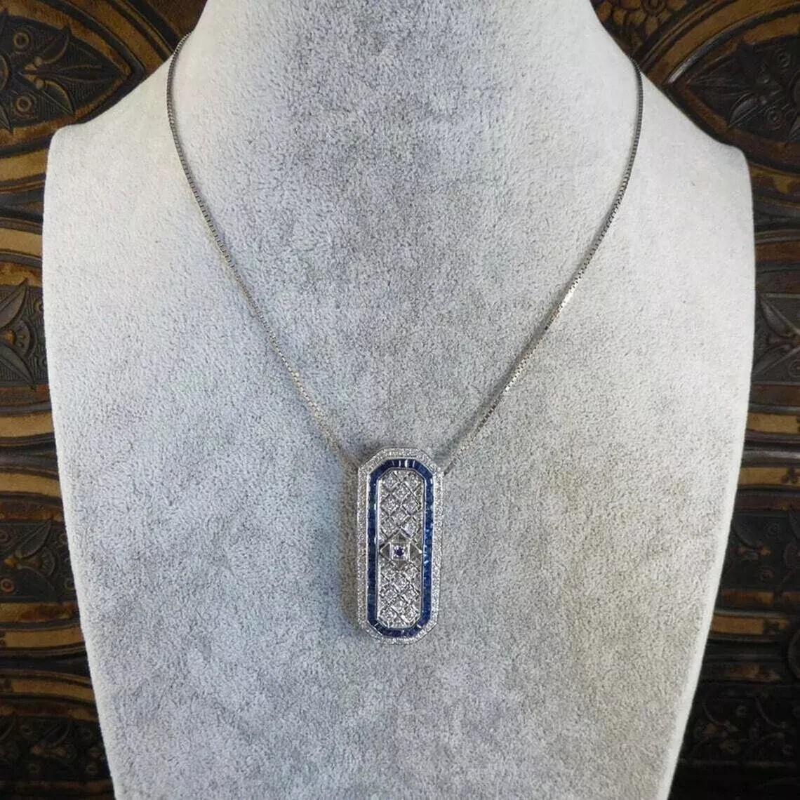 Art Deco Style Sapphire & Lab Created Diamond Wedding 14k White Gold Fn Pendant