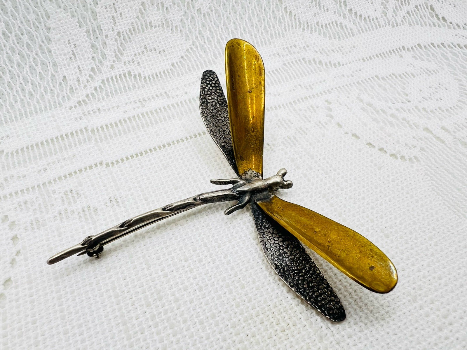Vintage Mexican 950 Silver Brass Dragonfly Brooch Signed FARRO Mixed Metal LATON