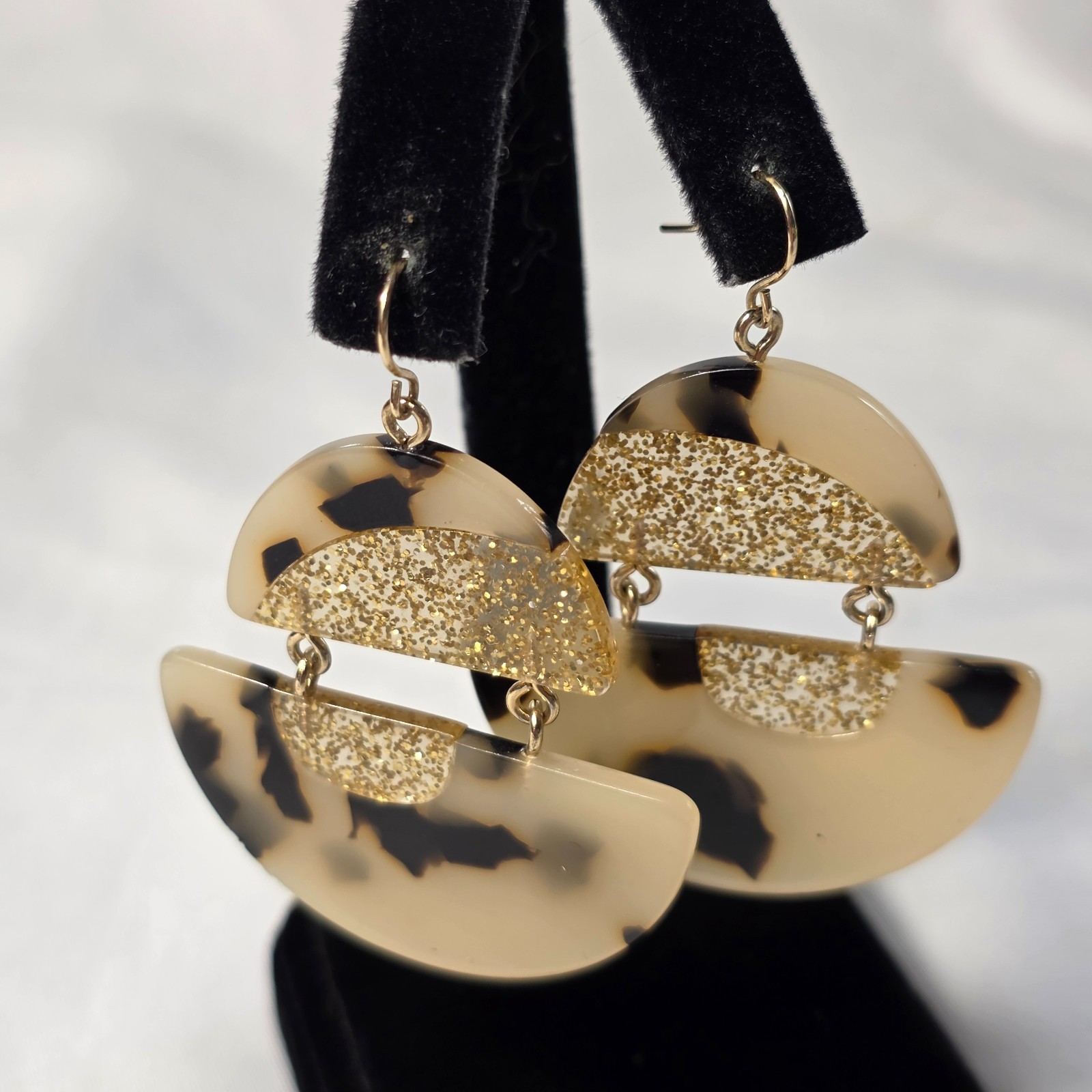 Half Moon Acrylic Resin Wire Earrings Blonde Tortoise Shell Gold Glitter Accents