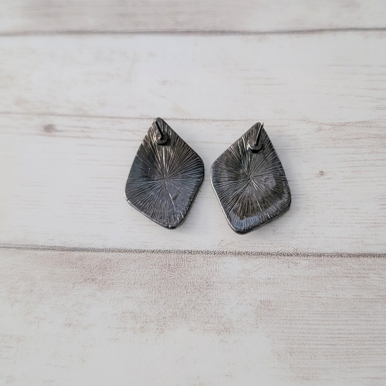 Vintage Stud Earrings Dark Grey with Gems Retro Statement