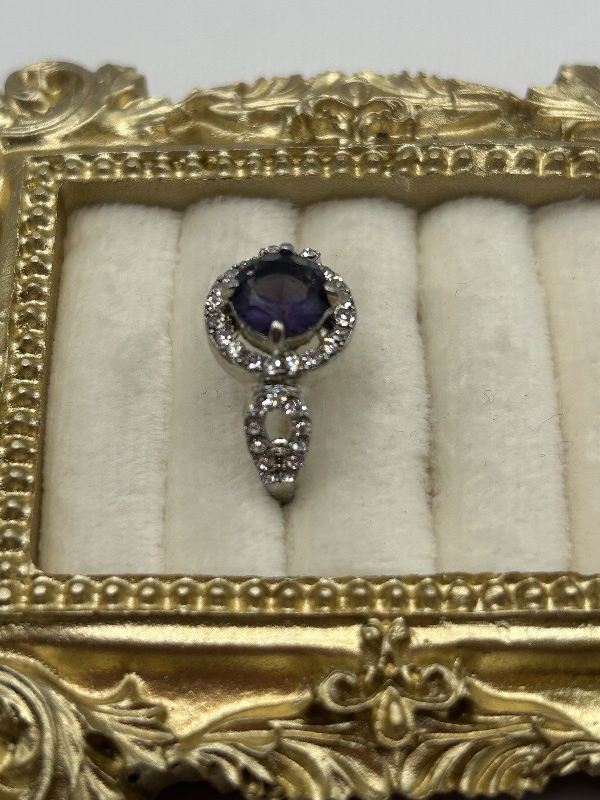Silver Tone Purple Amethyst Halo Statement Ring Size 8.5 Vintage Costume Jewelry