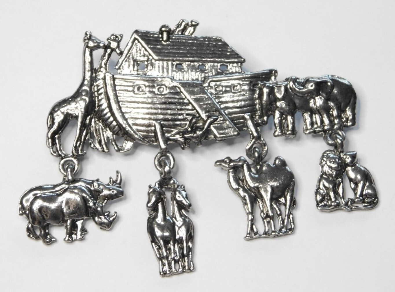 Vintage Silver Tone Noah’s Ark Animal Dangle Drop Animals Brooch Pin 2.75″