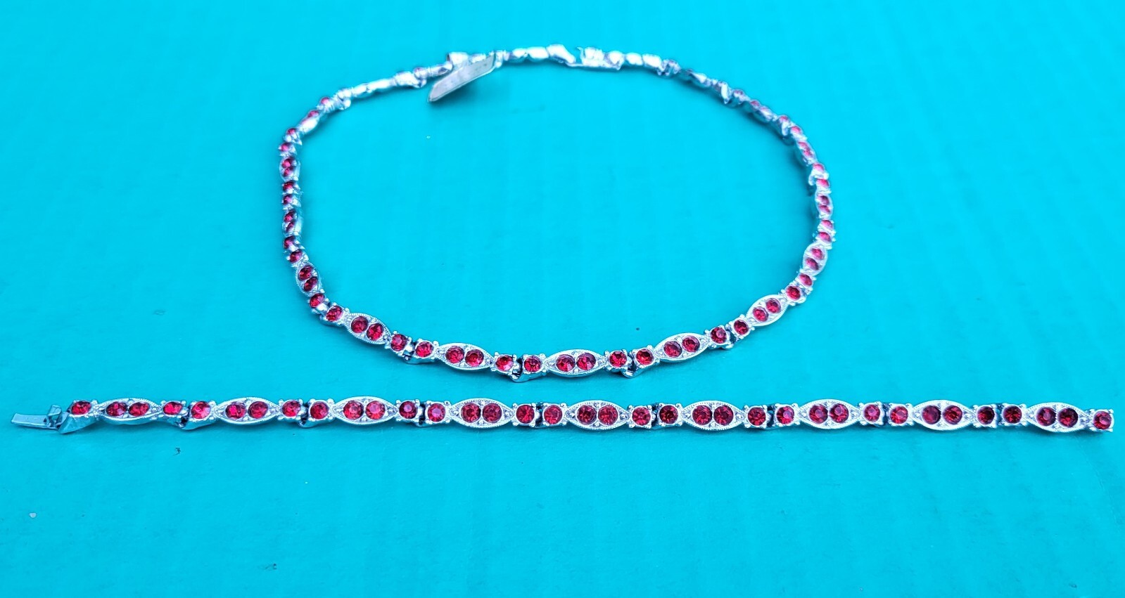 Red Rhinestone Rhodium Choker Necklace & Bracelet Set BEL-COR c1950s NOS Unused