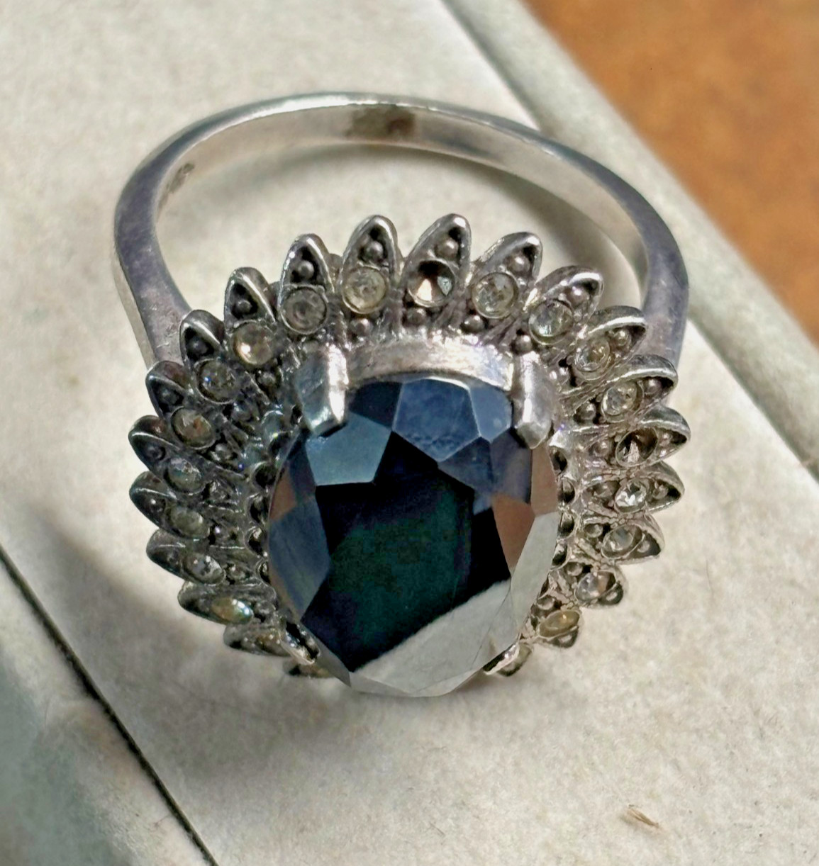 Vtg CLARK & COOMBS 925 sterling silver HEMATITE & Rhinestone COCKTAIL RING sz 8