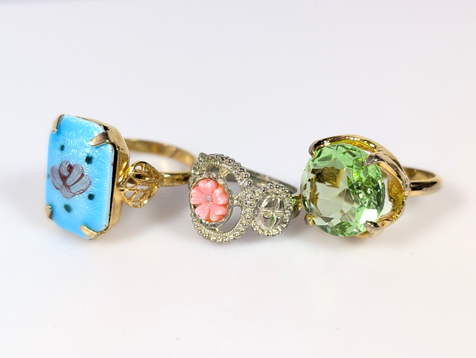 Vtg Victorian Revival Ring Lot Green Glass Blue Flower Enamel Adjustable