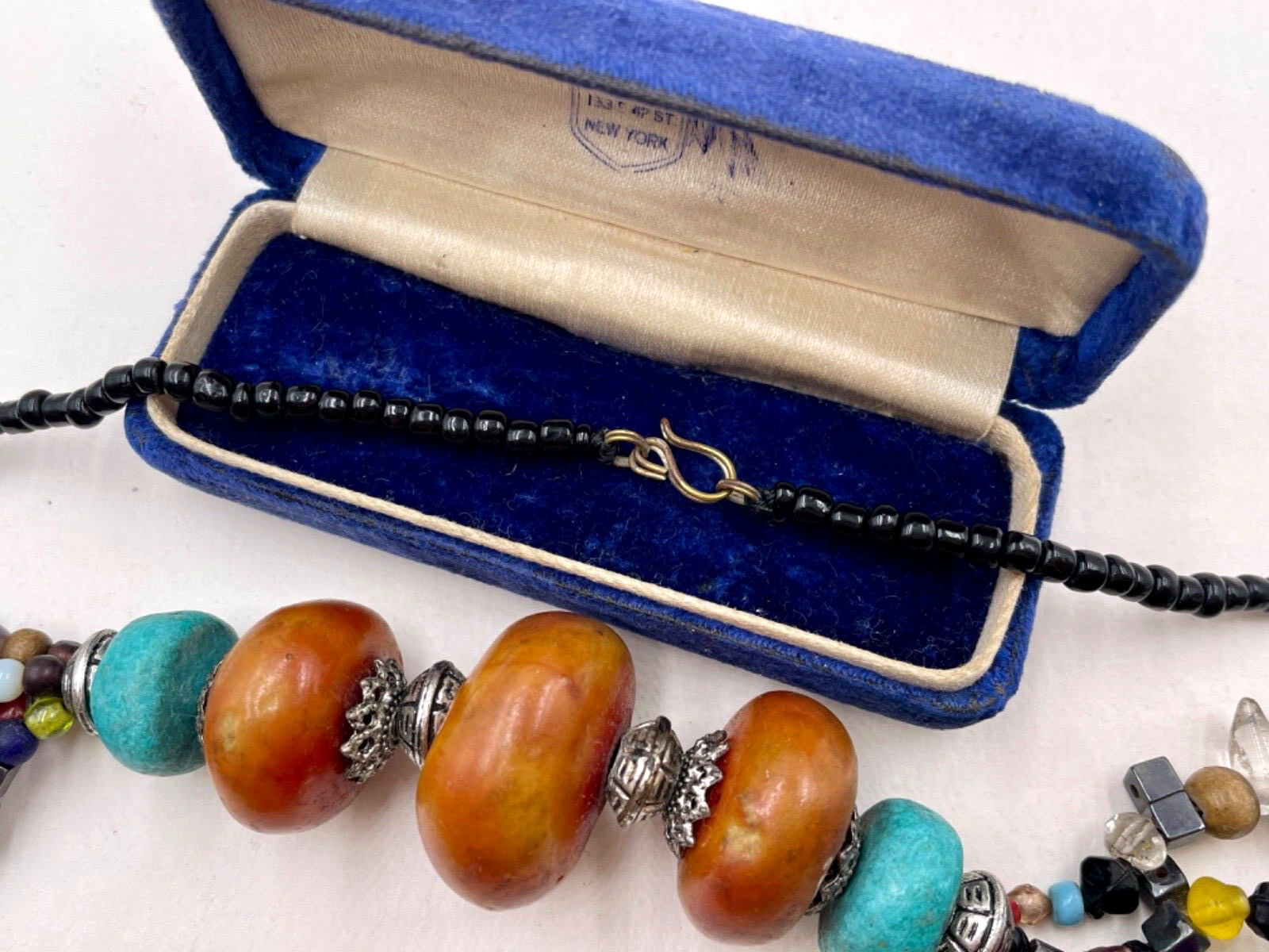 ETHNIC AFRICAN AMBER TRIBAL BERBER NECKLACE HAND-MADE GLASS BEADS BRONZE METAL R