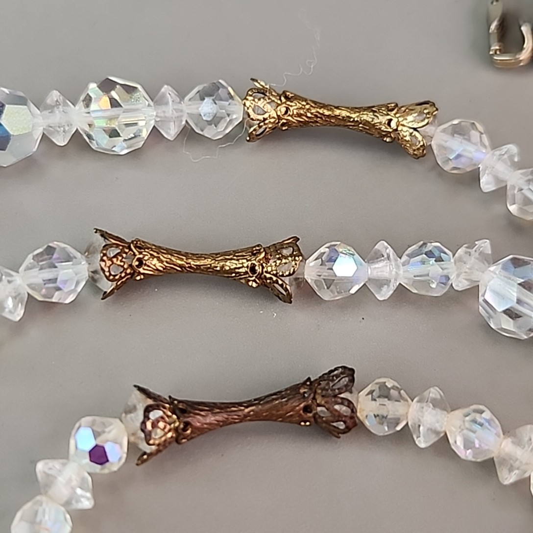 Vintage AB Glass Beaded Tassel Necklace Earrings Set Gold Tone Bar Links 26″