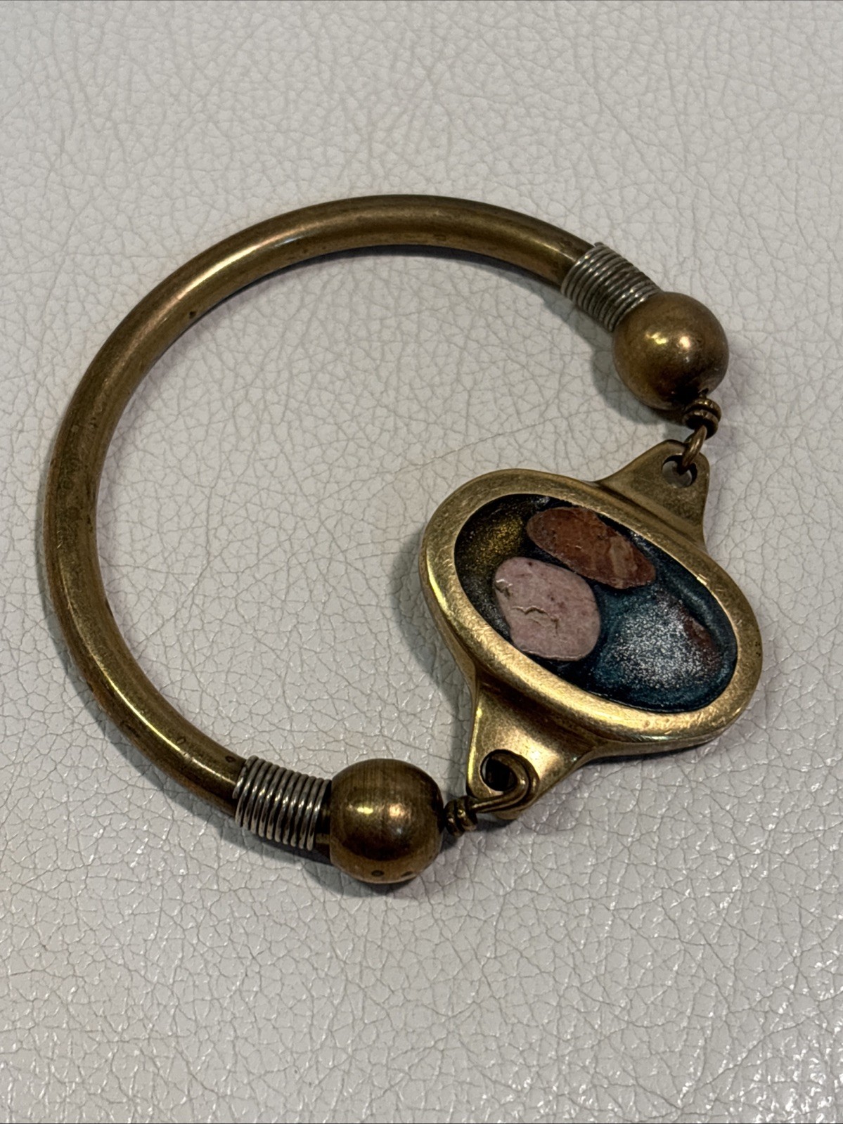 Vintage Artisan Brass Enamel Stone Cuff Bracelet Southwestern Boho Handmade