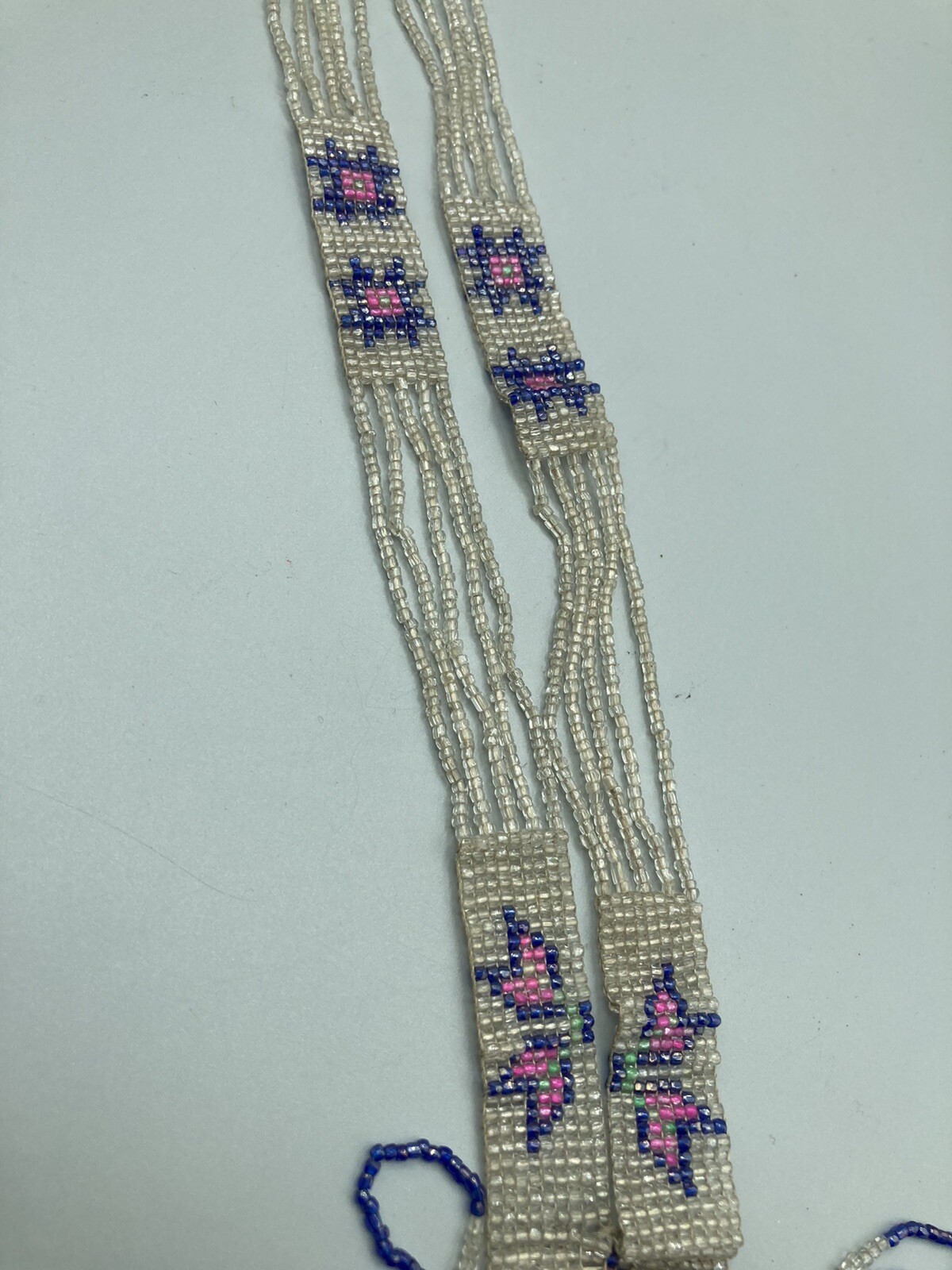 1920s Flapper Deco Sautoir Necklace, Very Good Antique Condition, Ecru/Blue/Pink