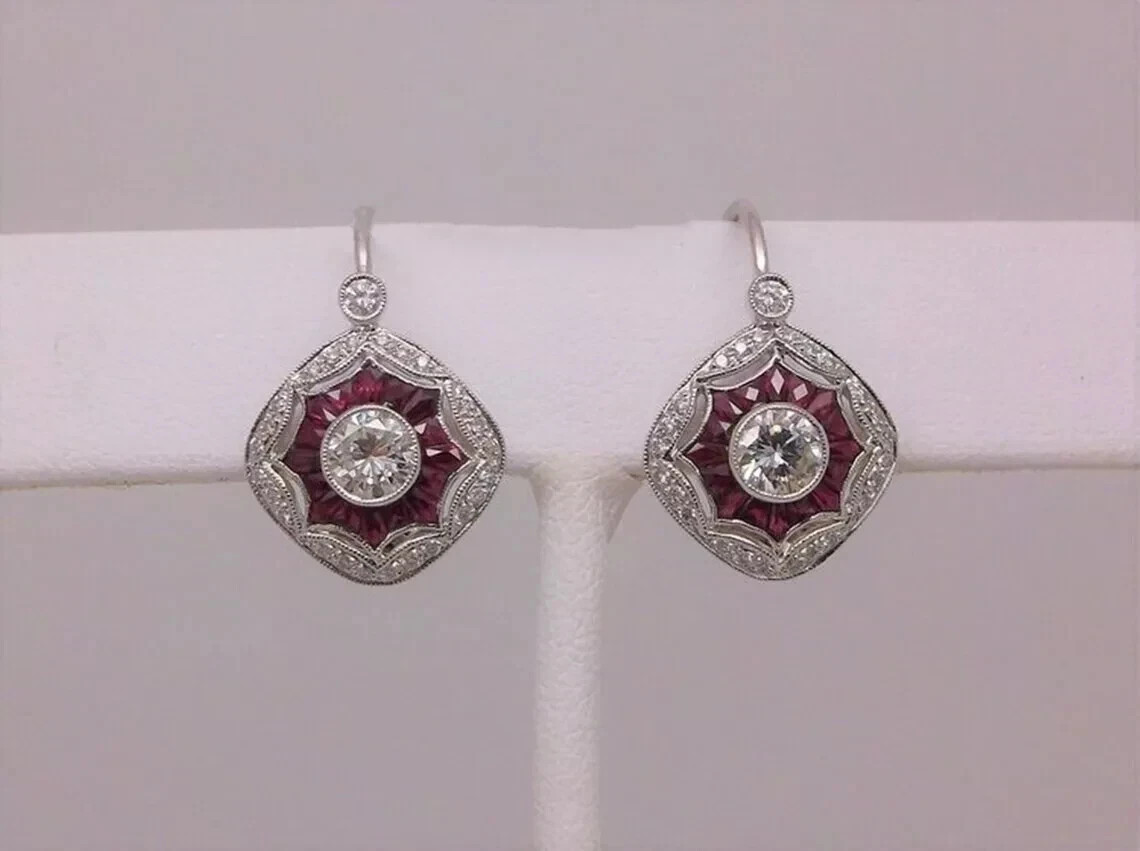 At Deco Style Lab Created Diamond & Ruby Anniversary 14K White Gold FN Earring
