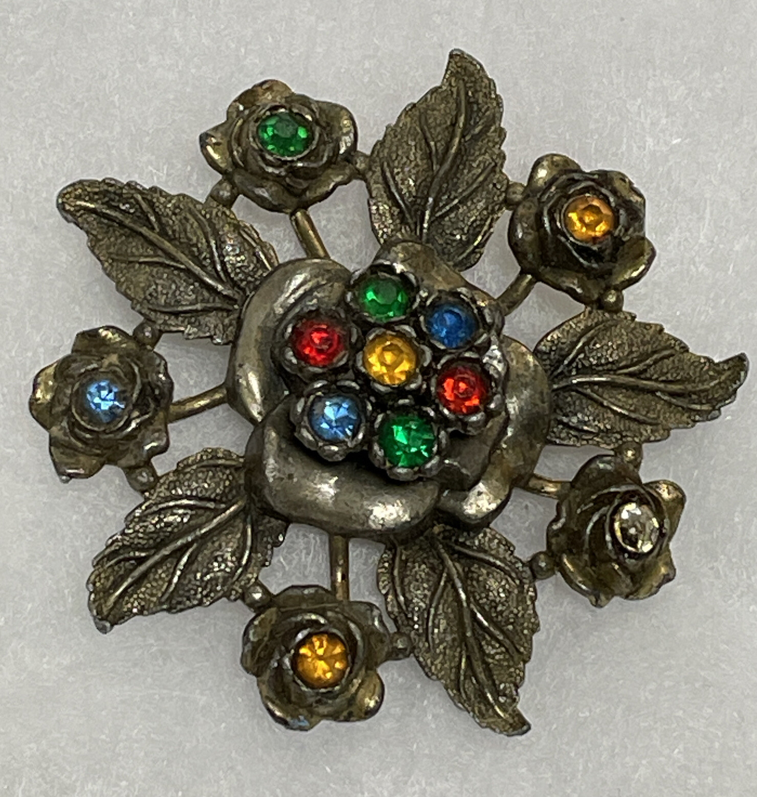 LITTLE NEMO LN/25 MULTICOLOR RHINESTONE ROSE FLOWER VINTAGE PIN BROOCH