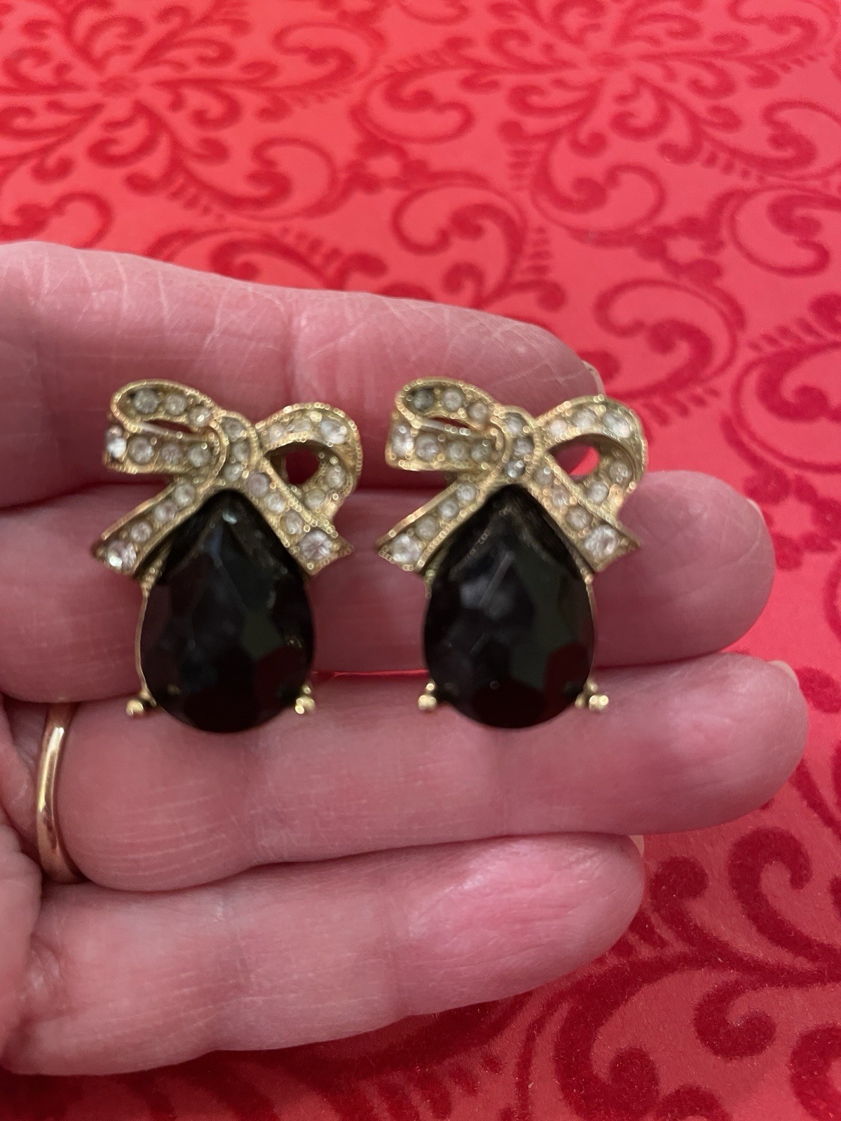 1928 Jewelry Co. Earrings Faceted Black Cabochon Bow Motif Pave Crystals Clip-on