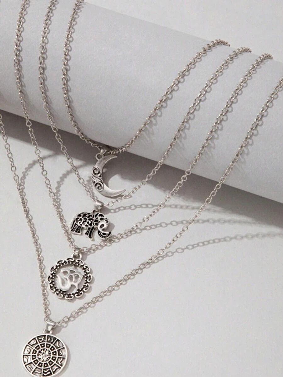 Chic Trendy Boho Multi-Strand Chains Silver Tone Moon Elephant 20-26″ Necklace