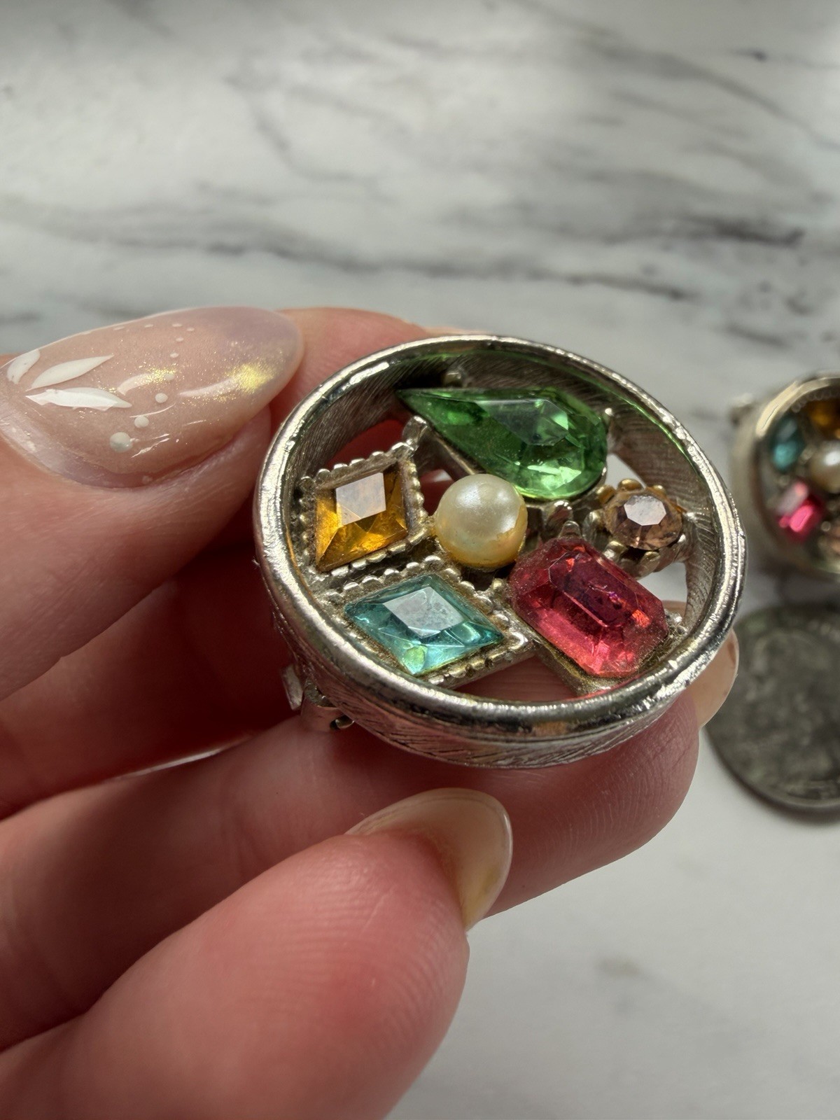 Vintage ART Signed Clip On Earrings Multicolor Rhinestone Faux Pearl Estate