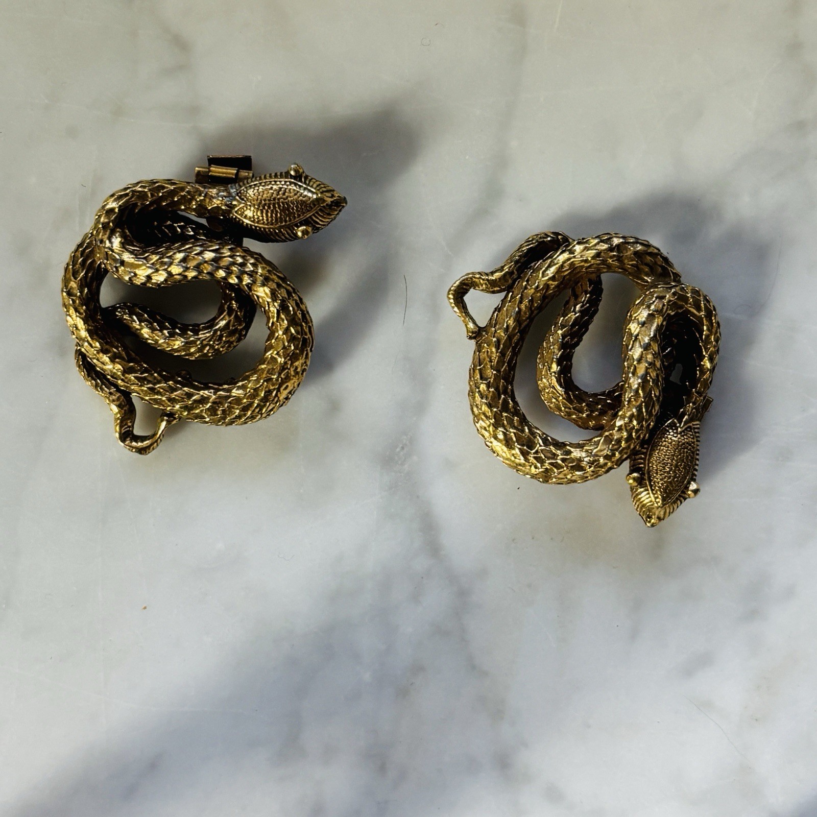 Antique Victorian Brass-Plated Repoussé Double Serpent Bracelet Clasp C. 1900