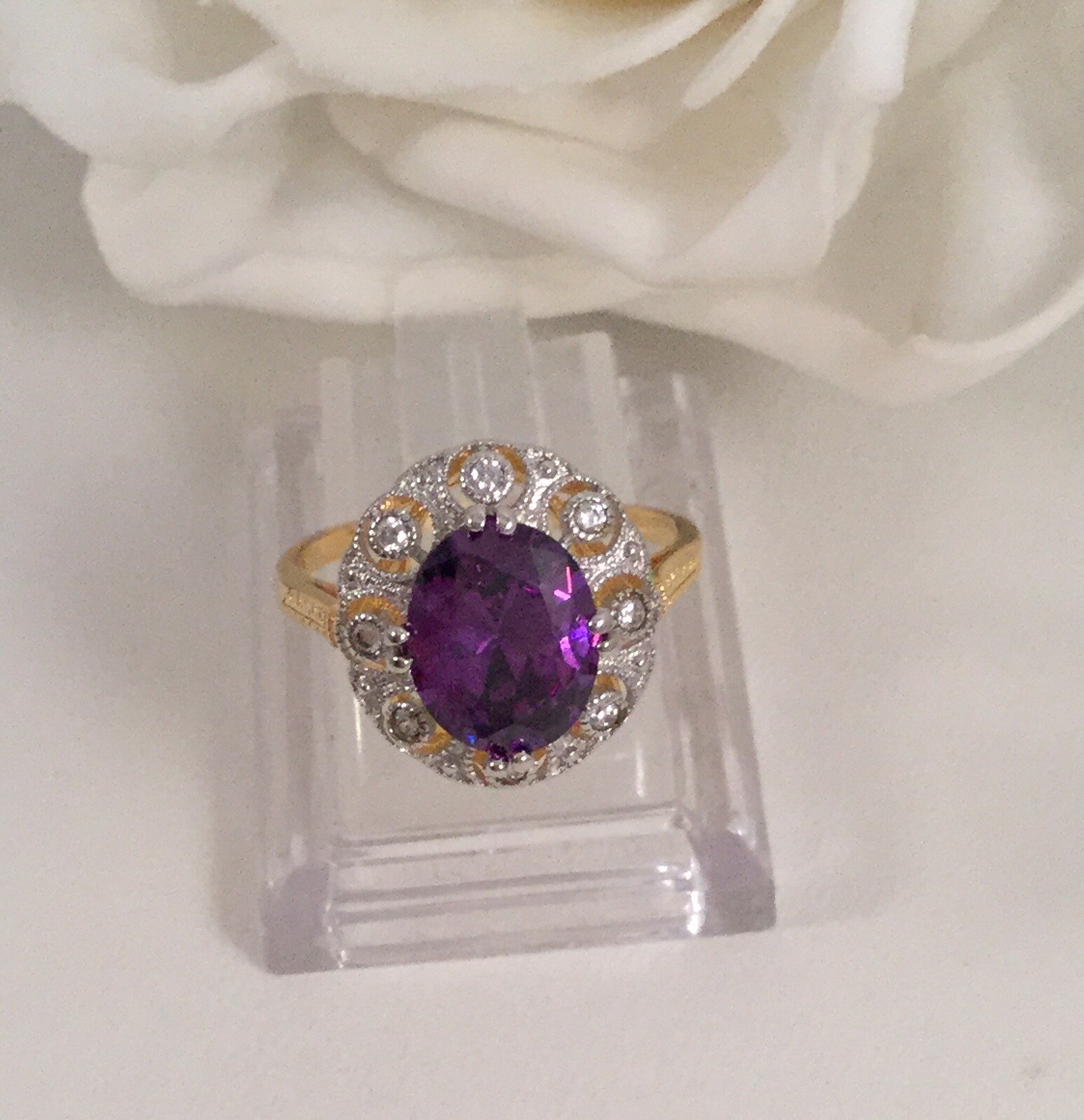 Vintage Jewellery Gold Ring Amethyst White Sapphires Antique Deco Jewelry 10 U