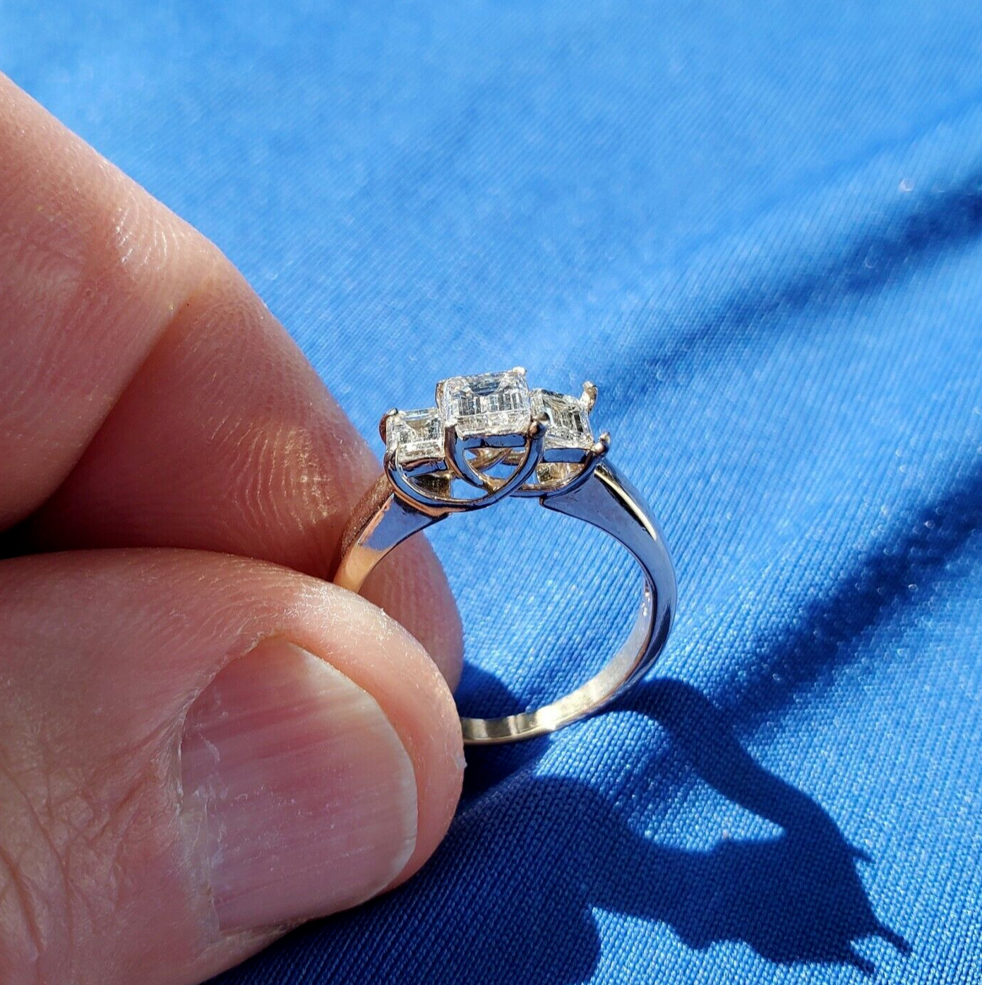 EARTH MINED DIAMOND Deco Engagement Ring 3 Stone Emerald cut Solitare 14K GOLD