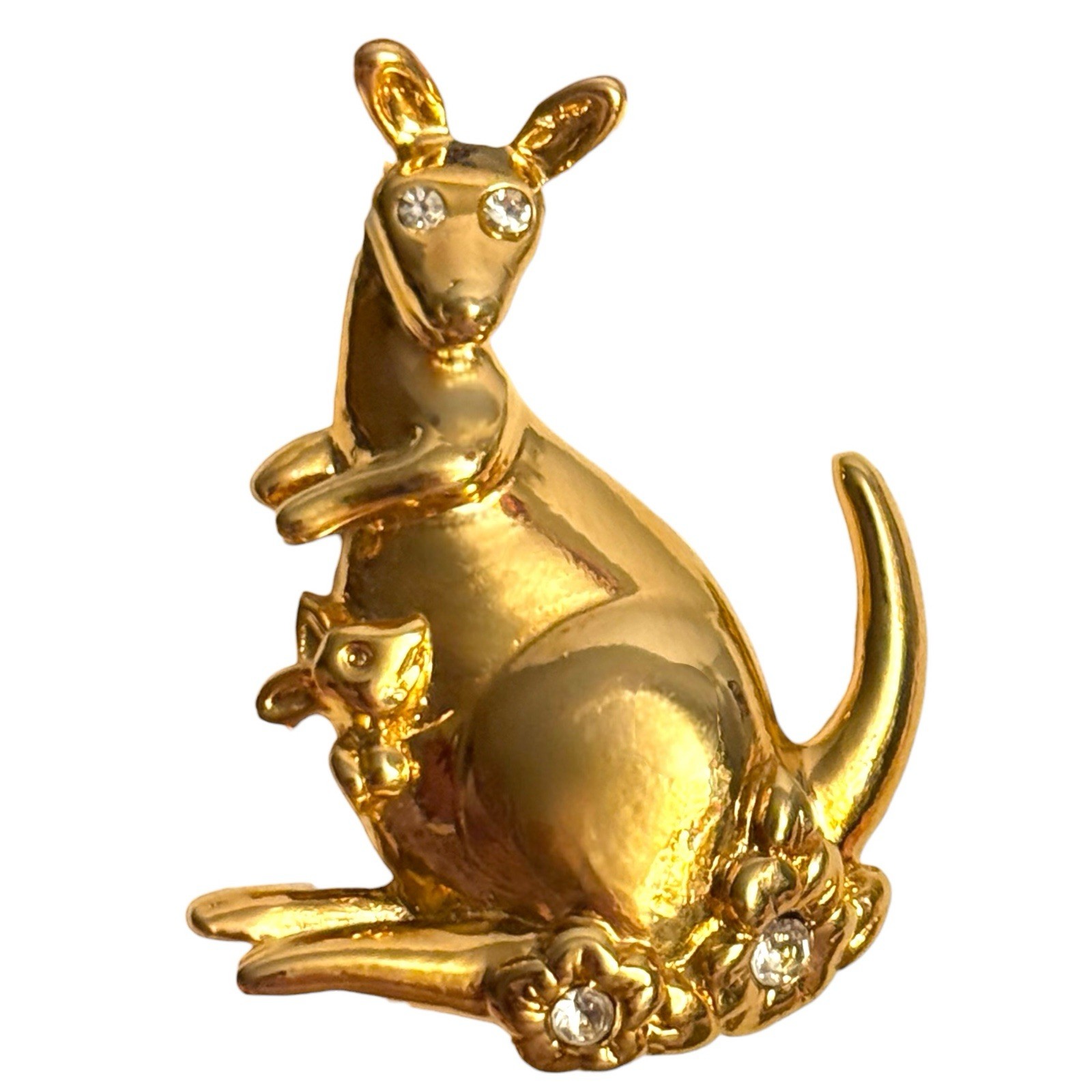 Vintage Avon Kangaroo & Joey Brooch Gold Tone Rhinestone Eyes Figural Animal Pin