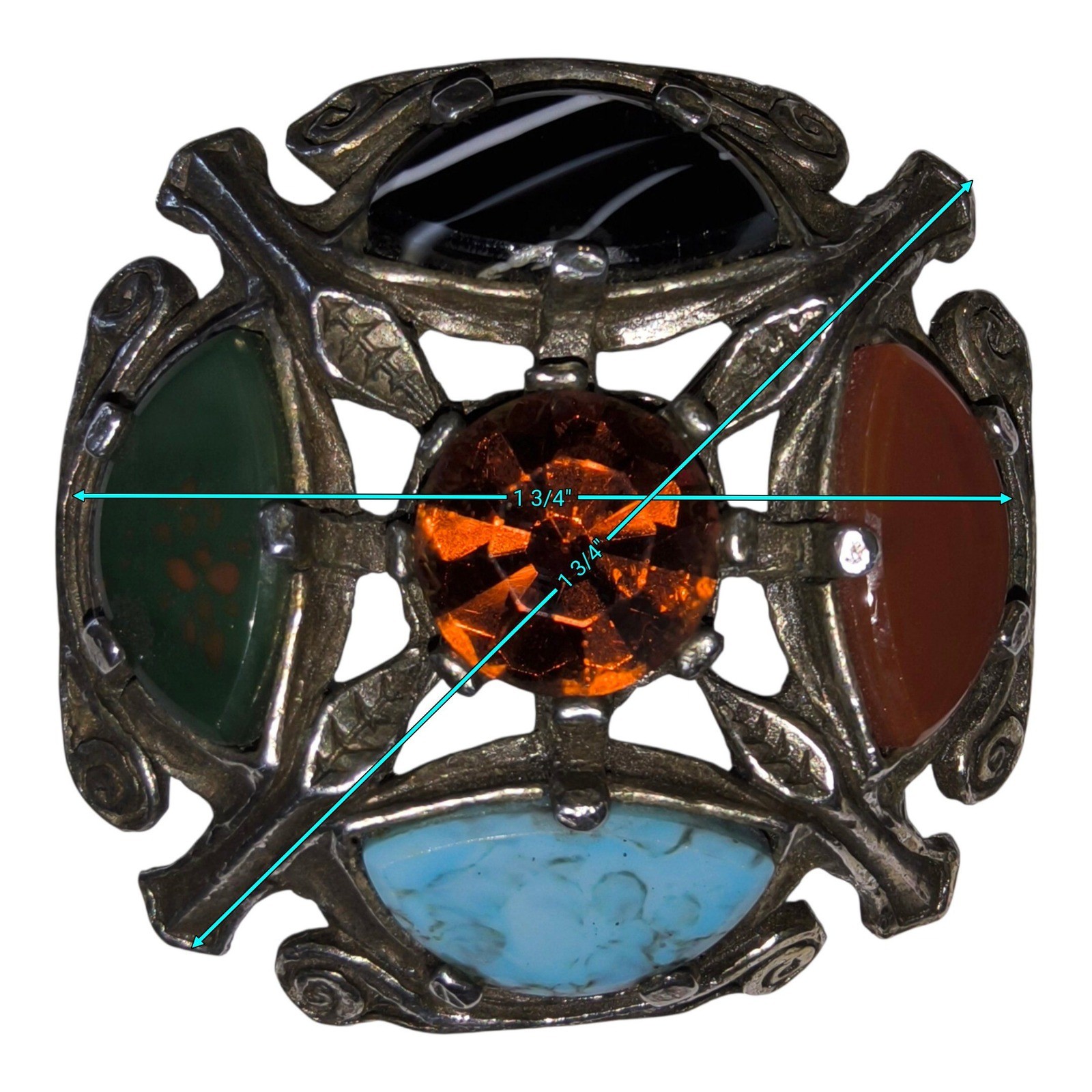 Vintage Miracle Celtic Brooch Scottish Agate Style Glass/Rhinestone Multicolor