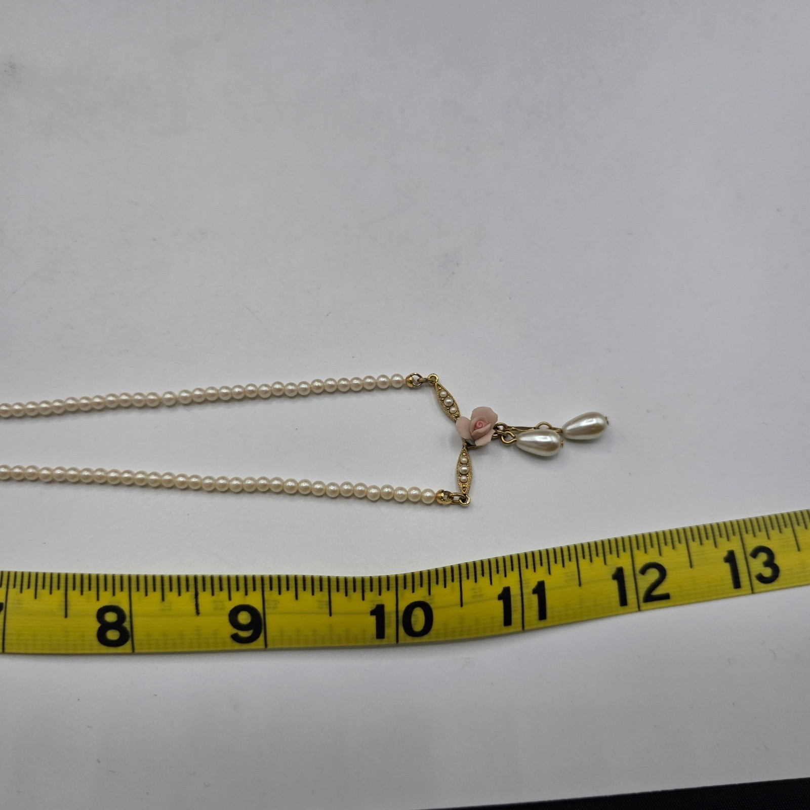1928 Jewelry Gold Tone Faux Pearl Pink Rose Victorian Revival Drop Necklace 15″