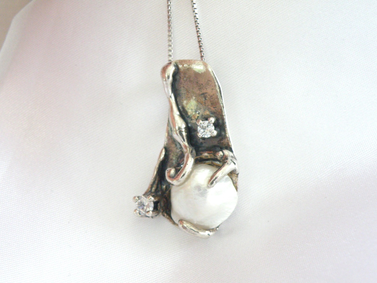 Brutalist Sterling Silver 925 Baroque Pearl Modernist Pendant Necklace