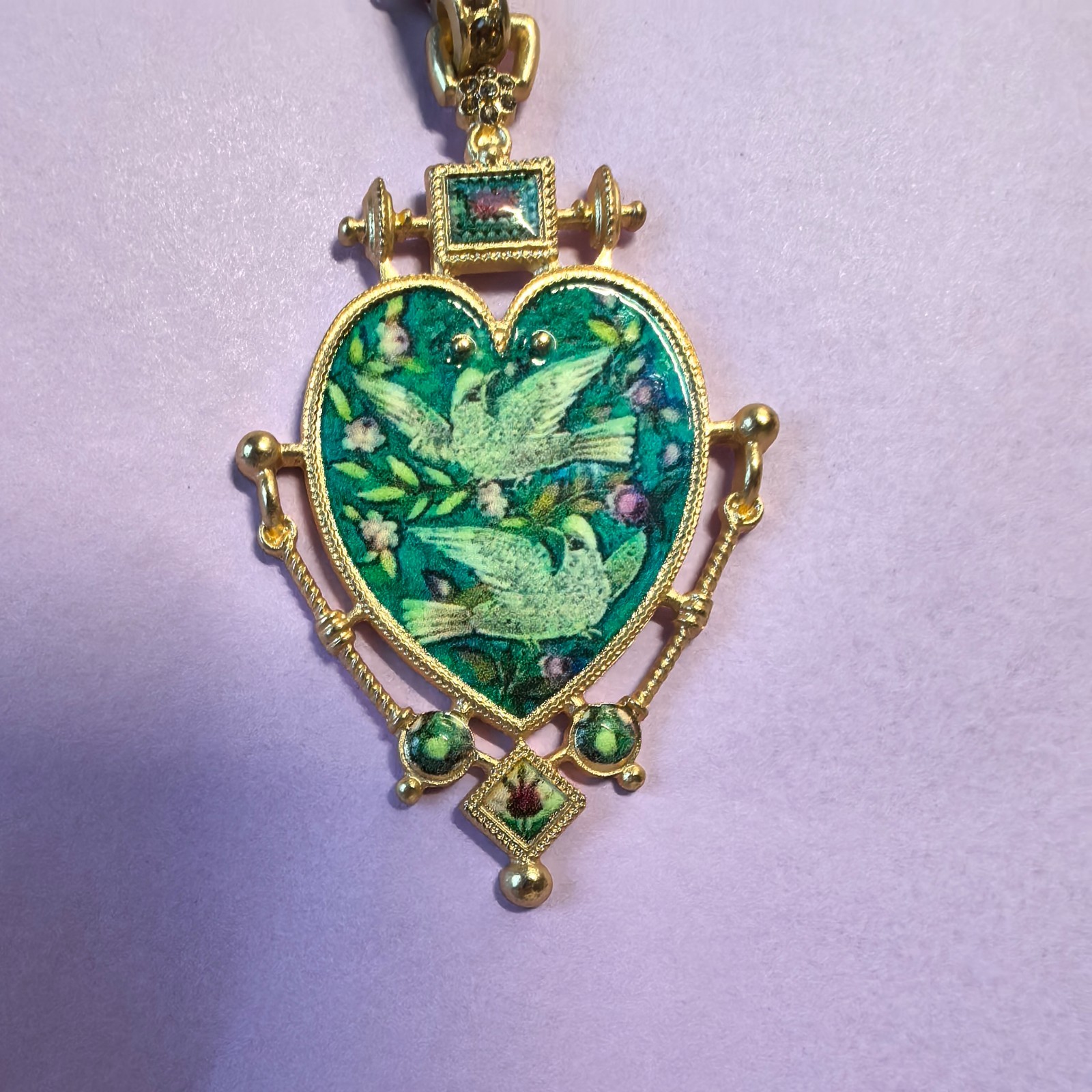 Vintage European Heart Enamel Necklace Unique Dove Inlay Retro Pendant Jewelry