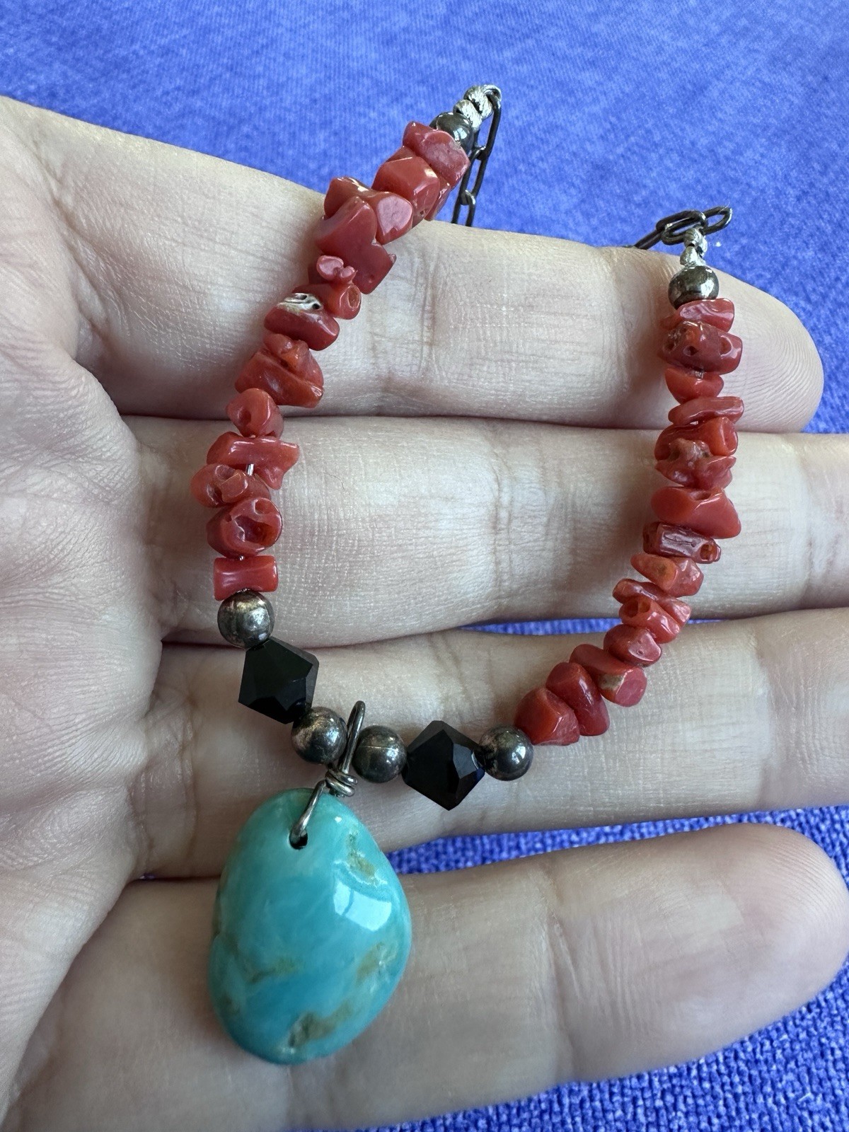 Natural Turquoise Red Coral 925 Sterling Silver Necklace Southwestern Boho