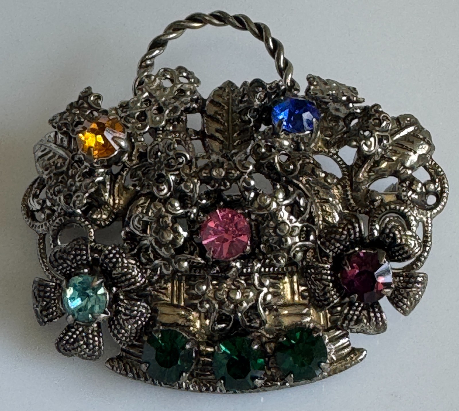 VTG 50’s filigree Bridal Basket flower brooch multicolor rhinestones silverplate