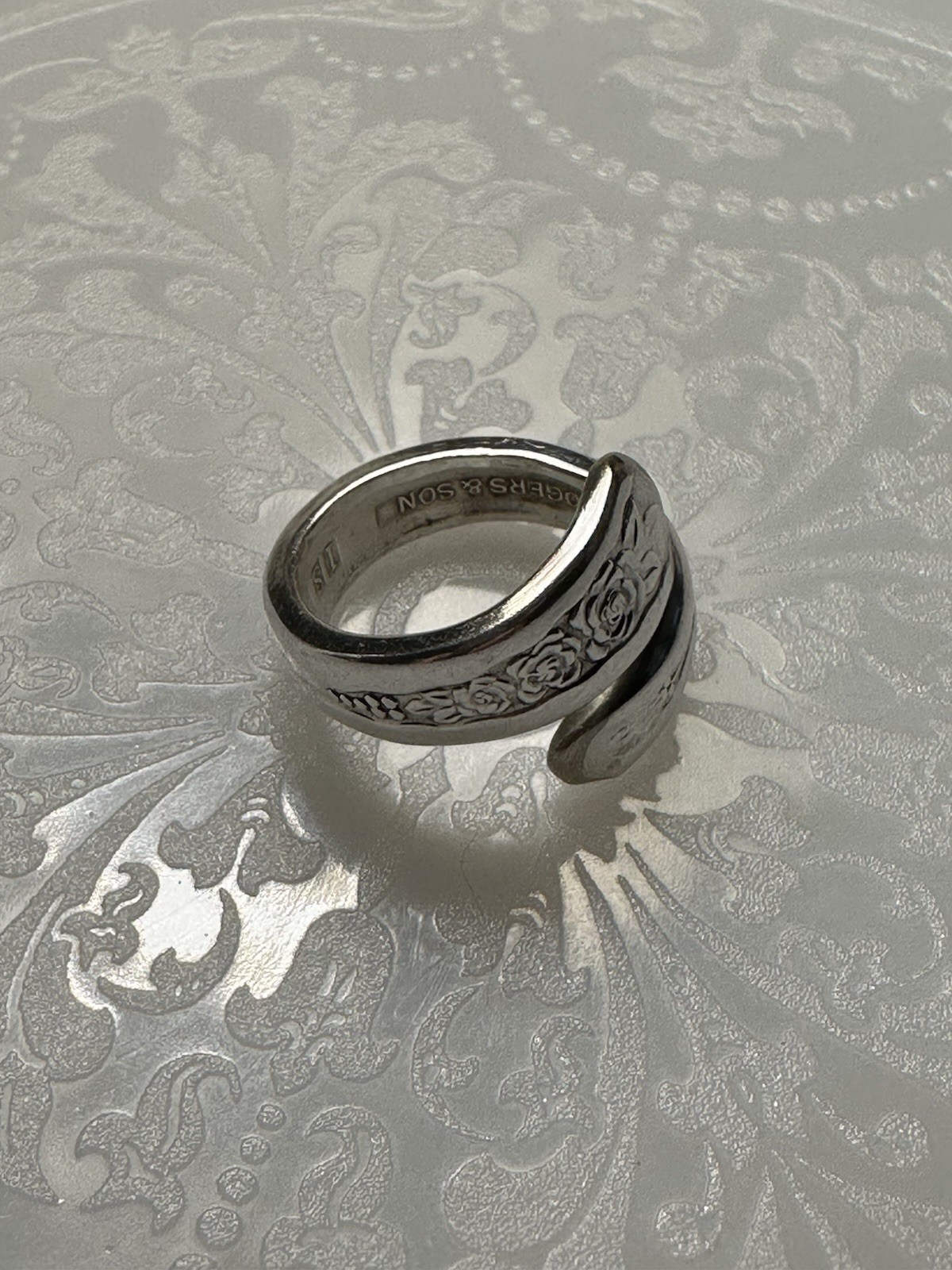 Vintage Sterling Silver Rogers Floral Spoon Ring Ornate Adjustable Sz 5 3/4