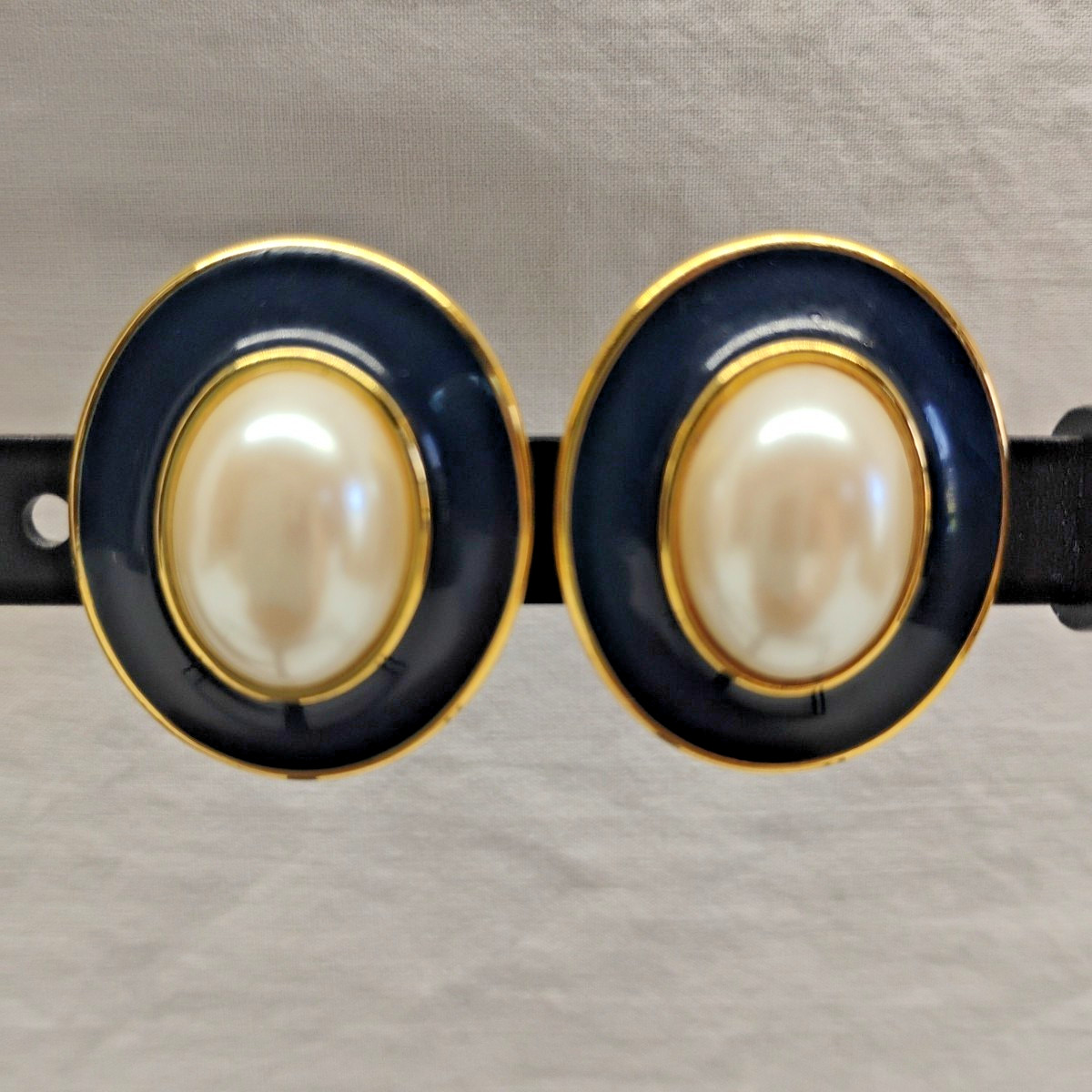 Vintage Monet Black Enamel & Faux Pearl Oval Oversized Clip-On Earrings