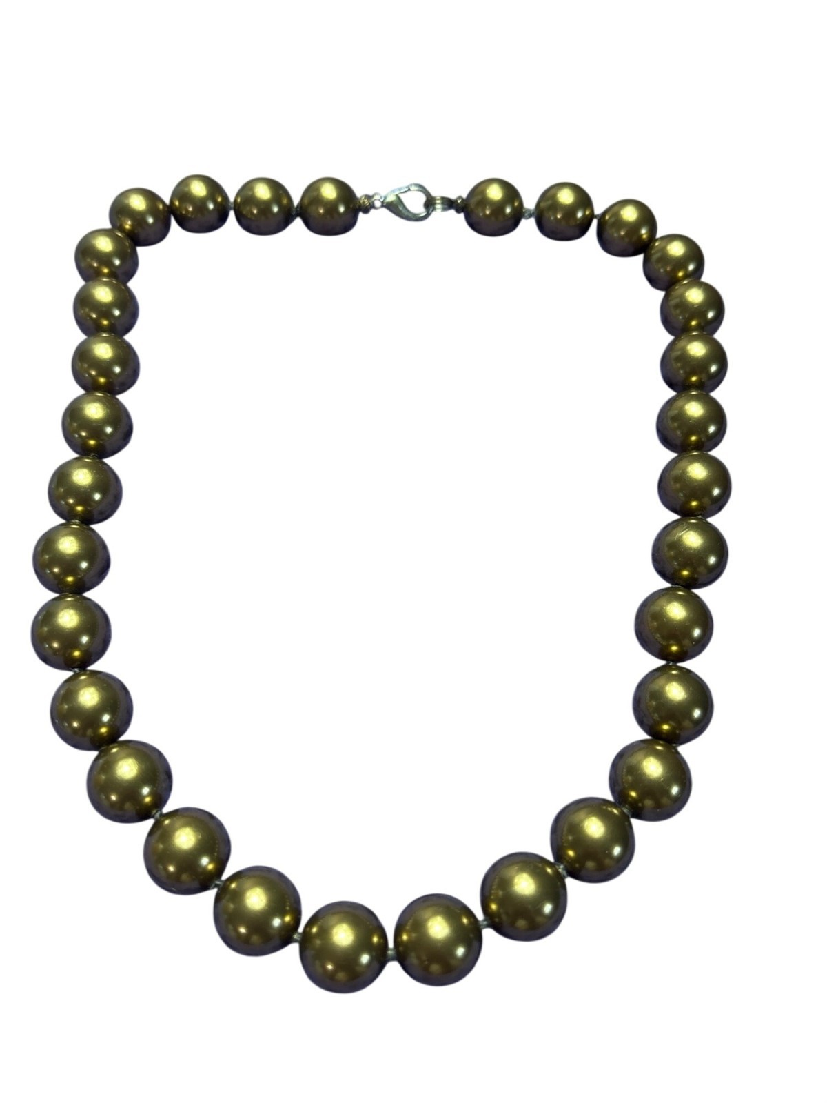Bronze Color Glass Faux Pearl Knotted Beaded Necklace Silvertone Lobster Clasp