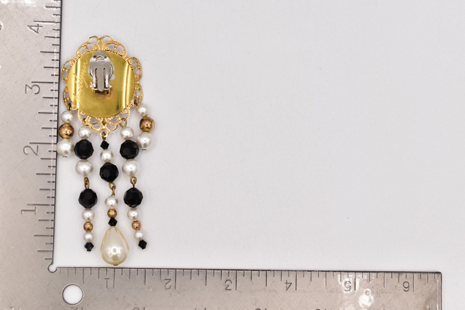 Jacklynn Vintage Beaded Fringe Clip On Earrings Black Crystal Pearl Gold BinBF