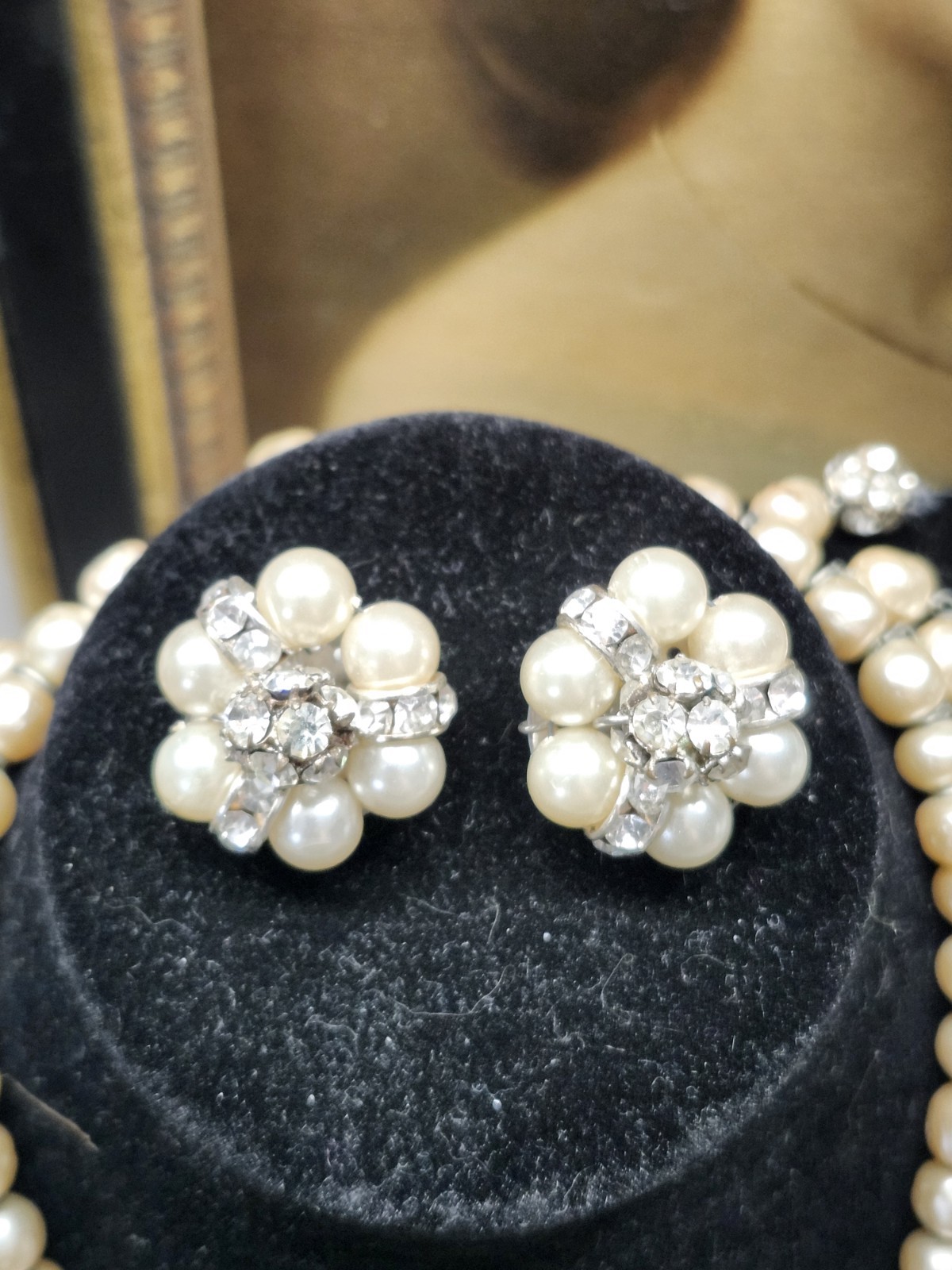 STUNNING 1950s Pearls & Rhinestone DROP Necklace & Clip Earring SET Estate WoW!