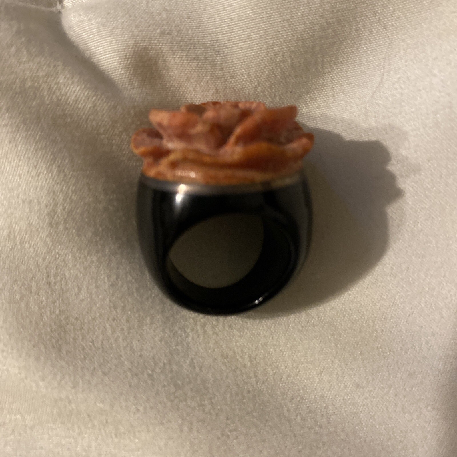 Vintage Onyx Silver Sponge Coral Carved Rose Ring Sz 6?
