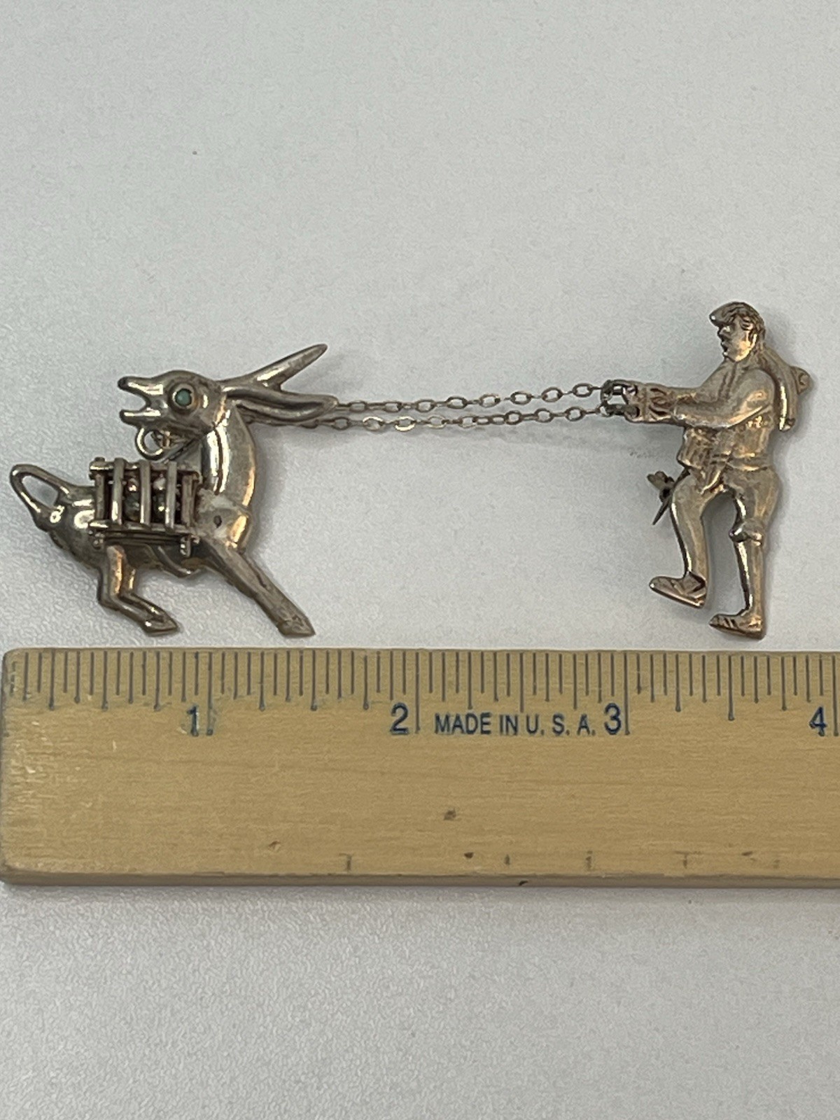 Sterling Silver Chatelaine Brooch Man Donkey Mexico 1940’s 2-Part 16grams