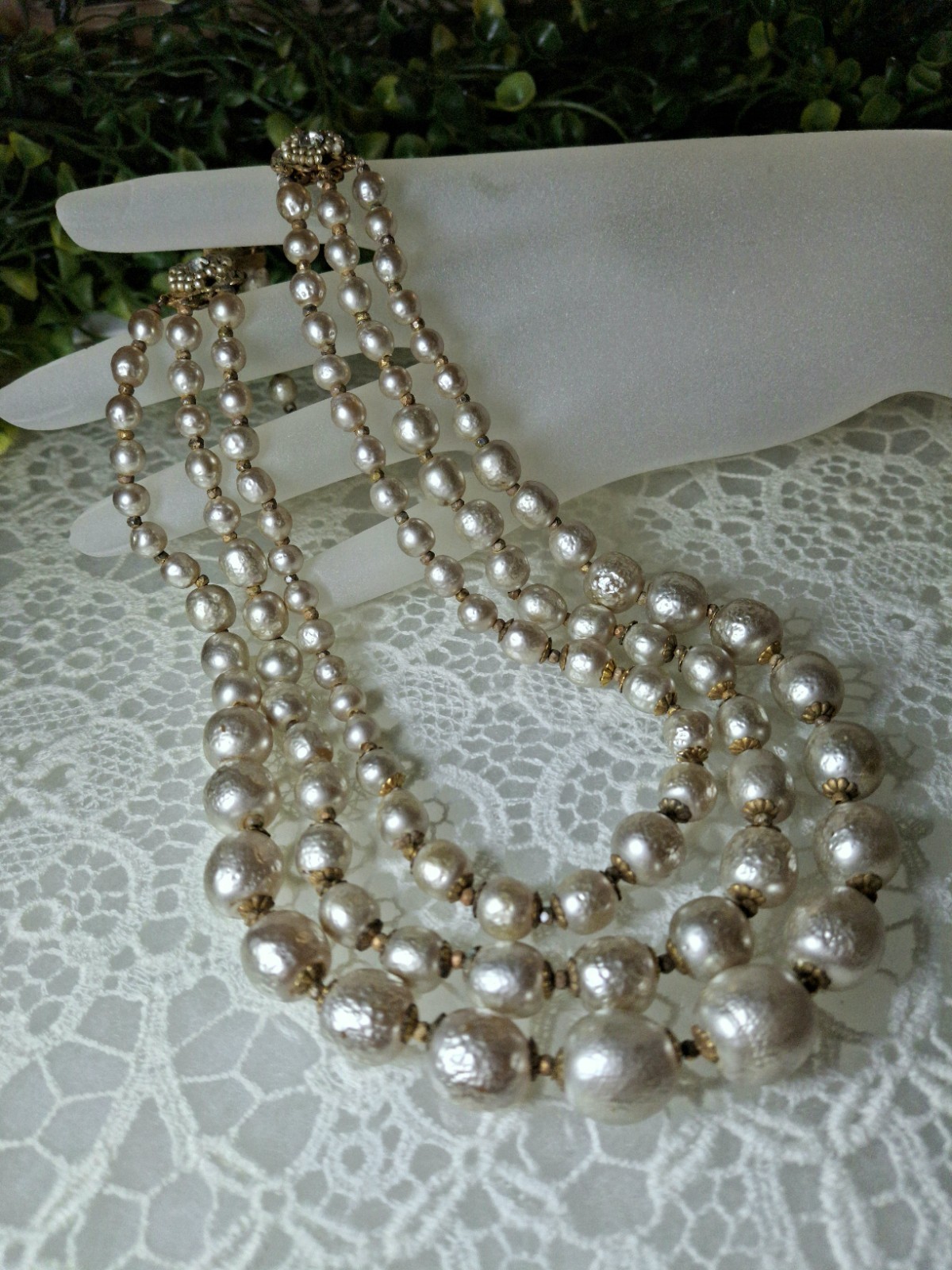 Early Signed Miriam Haskell 3 Strand Silver Niki Baroque Pearl Necklace