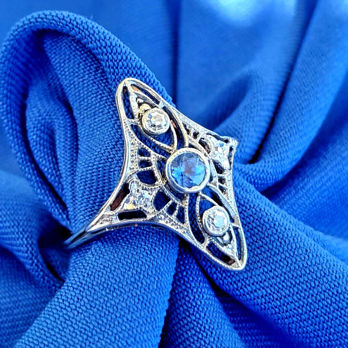 Original EARTH MINED SAPPHIRE DIAMOND Engagement Ring Antique Deco 14K GOLD S 5