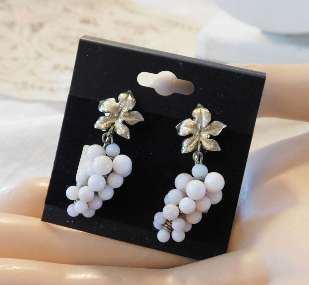 Angel Skin Coral Beaded Clip on Earrings Vintage Grape Clusters