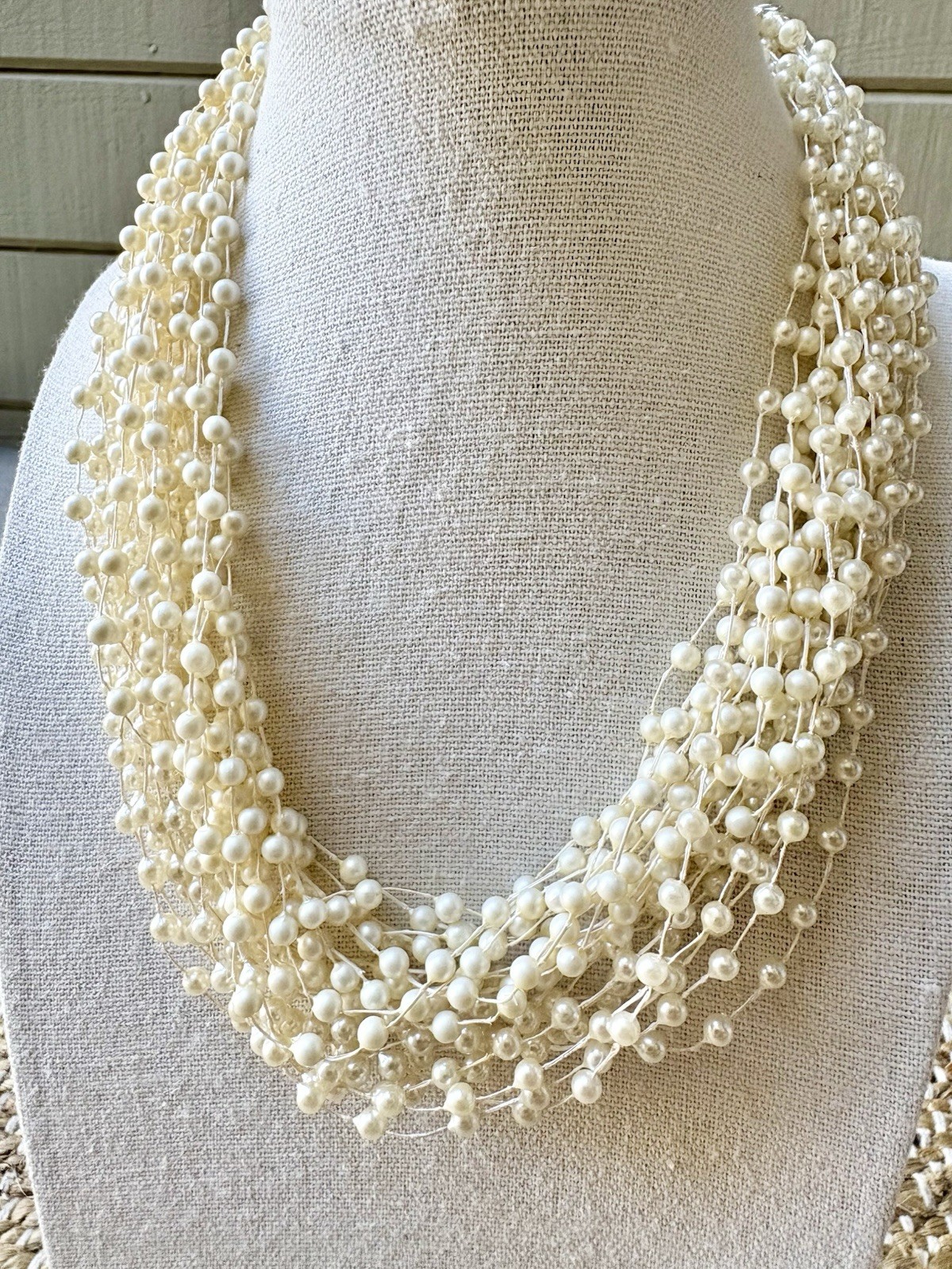 Vintage Hong Kong Multi-Strand Faux Pearl Choker Necklace – 18” 30g – Signed