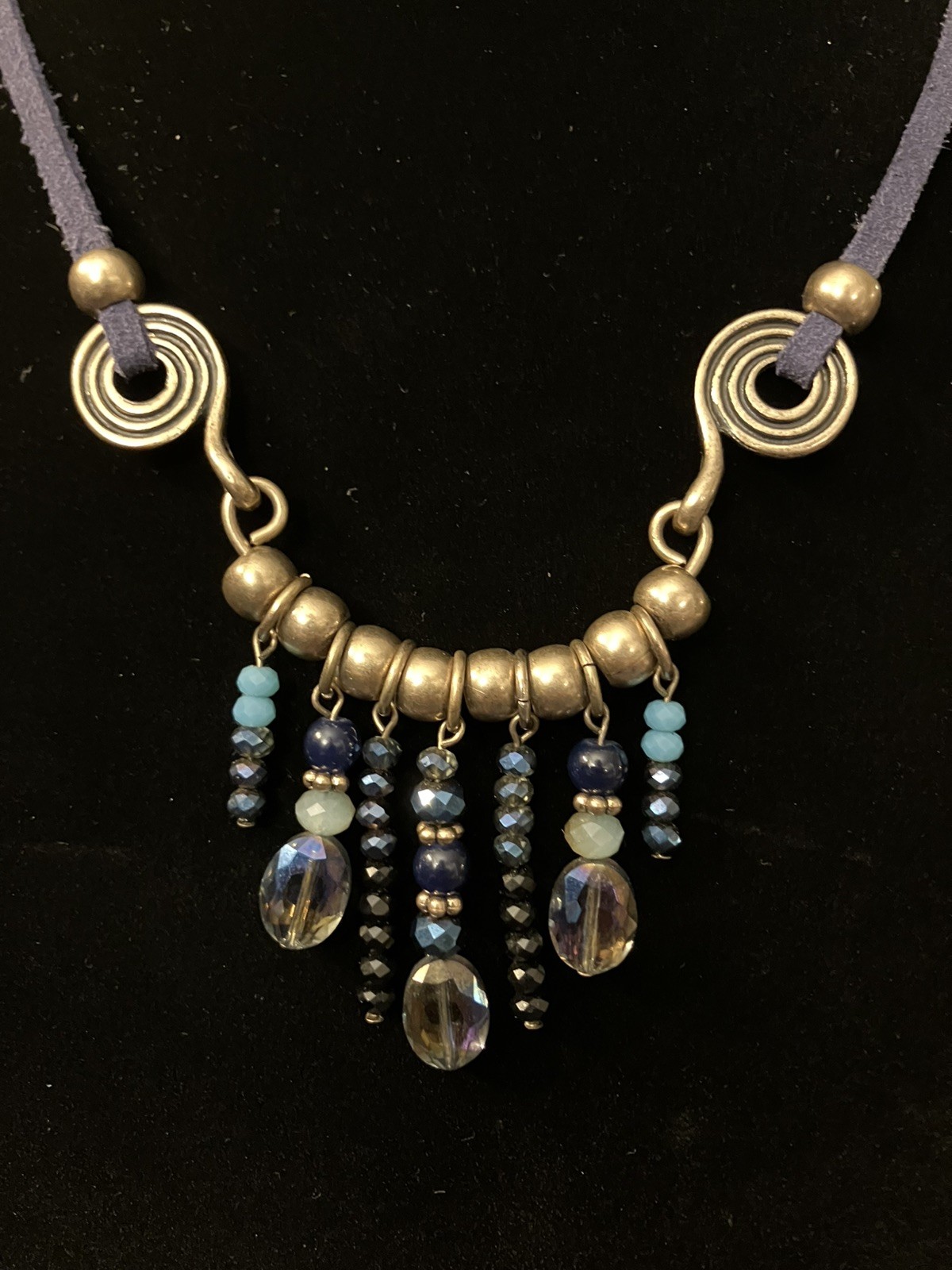 Bohemian Style Necklace Brass Toned Metal, Blue Leather, Drop Beads